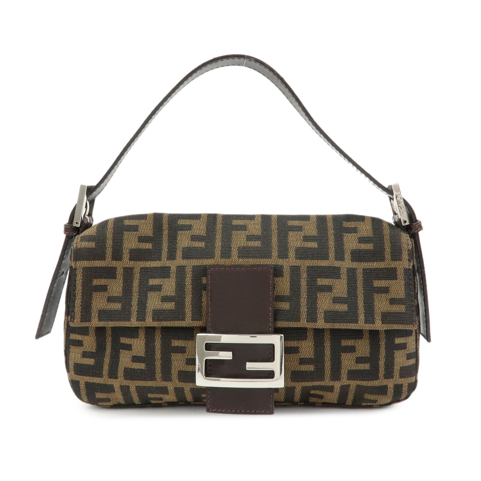 FENDI Mamma Baguette Zucca Canvas Leather Shoulder Bag Brown 26424