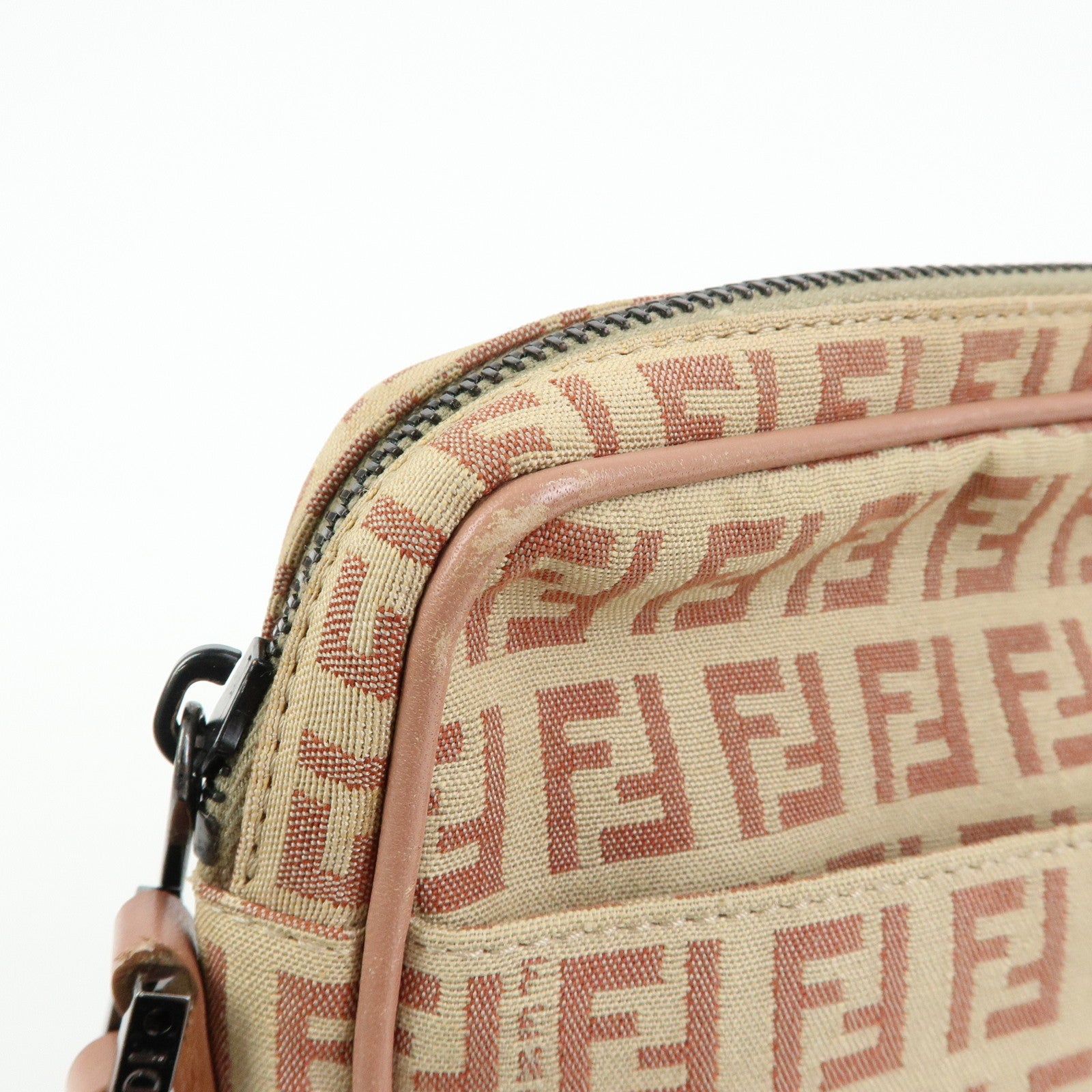 FENDI Zucchino Canvas Leather Shoulder Crossbody Bag Beige Pink 8BT053
