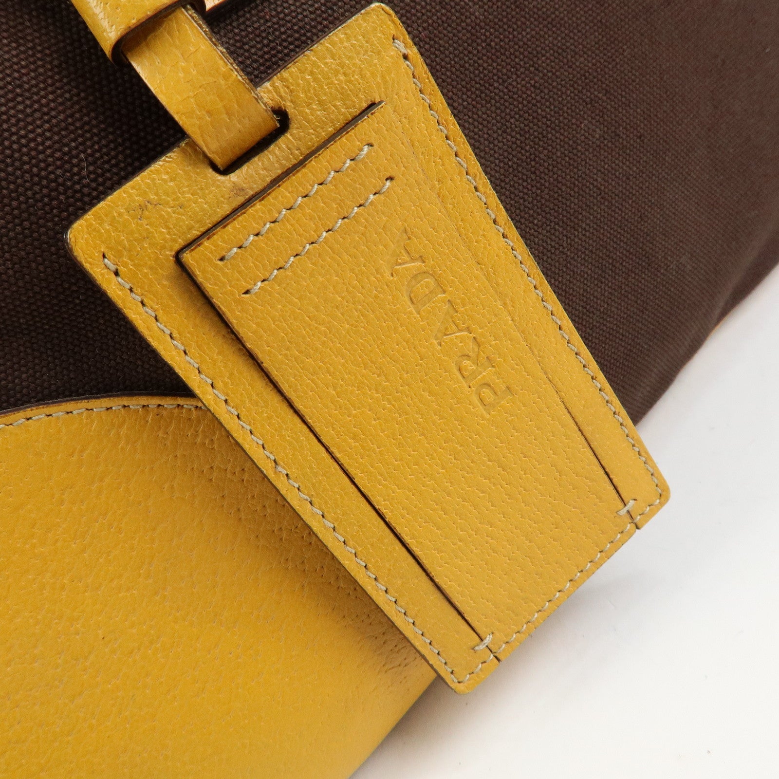 PRADA Triangle Logo Canvas Leather Boston Bag Brown Yellow B10813