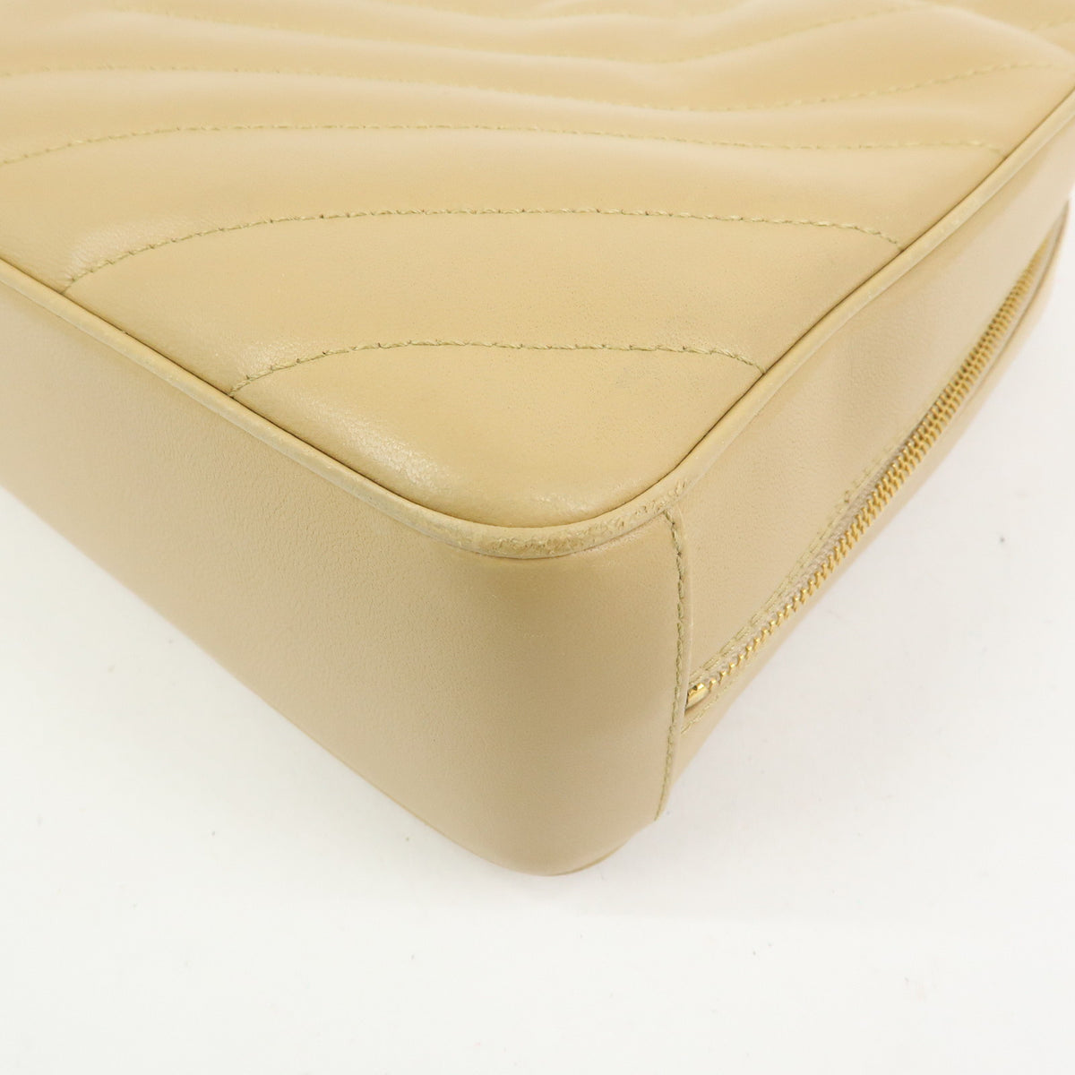 CHANEL Chevron COCO Mark Lamb Skin Chain Shoulder Bag Beige