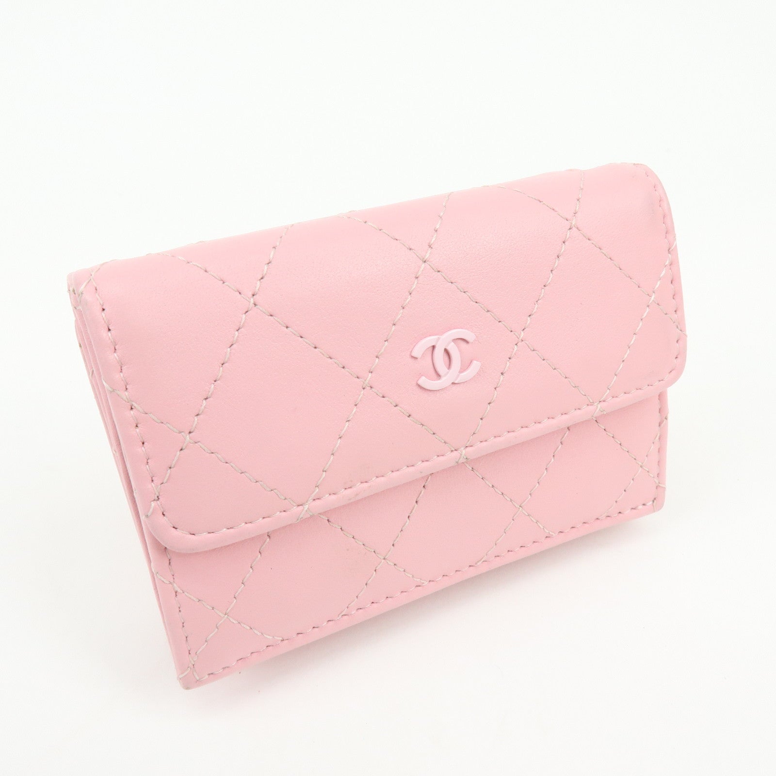 CHANEL COCO Mark Wild Stitch Calf Skin Tri-Fold Compact Wallet Pink