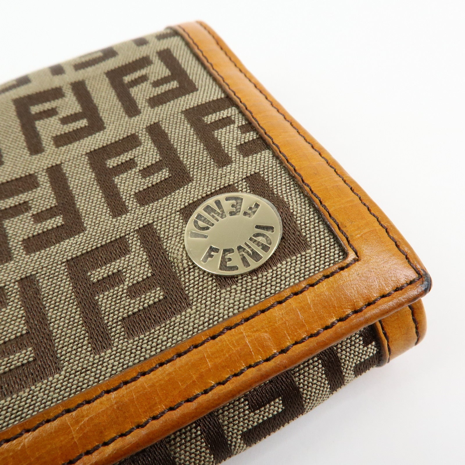 FENDI Zucchino Jacquard Canvas Leather Bi-fold Long Wallet Beige 8M0000