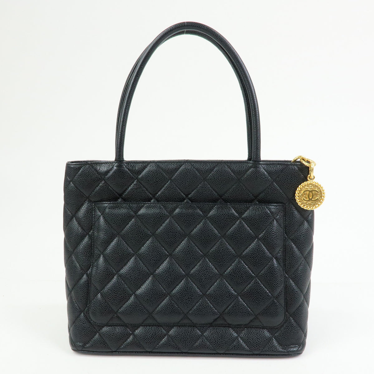 CHANEL Matelasse COCO Mark Caviarskin Medallion Tote Bag Black A01804