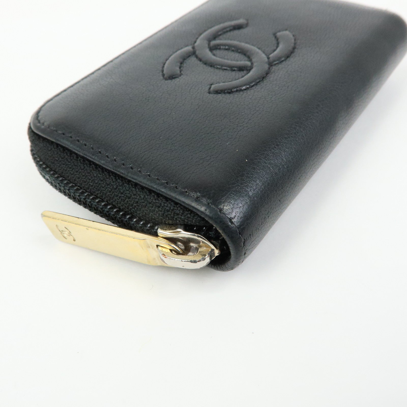 CHANEL COCO Mark Calf Skin Round Zippy Compact Wallet Black