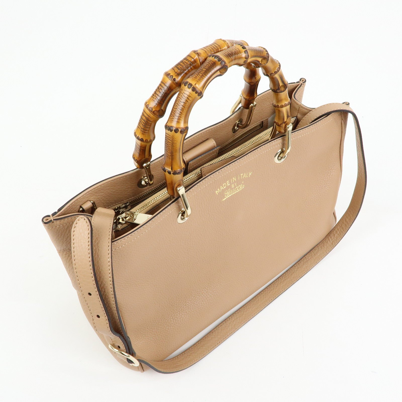 GUCCI Bamboo Shopper Medium Leather 2WAY Tote Bag Pink Beige 323660
