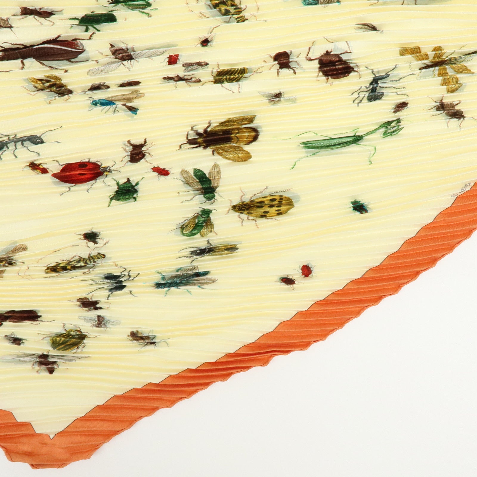 HERMES Pleats Carre Silk 100% Scarf LES INSECTES Cream Orange