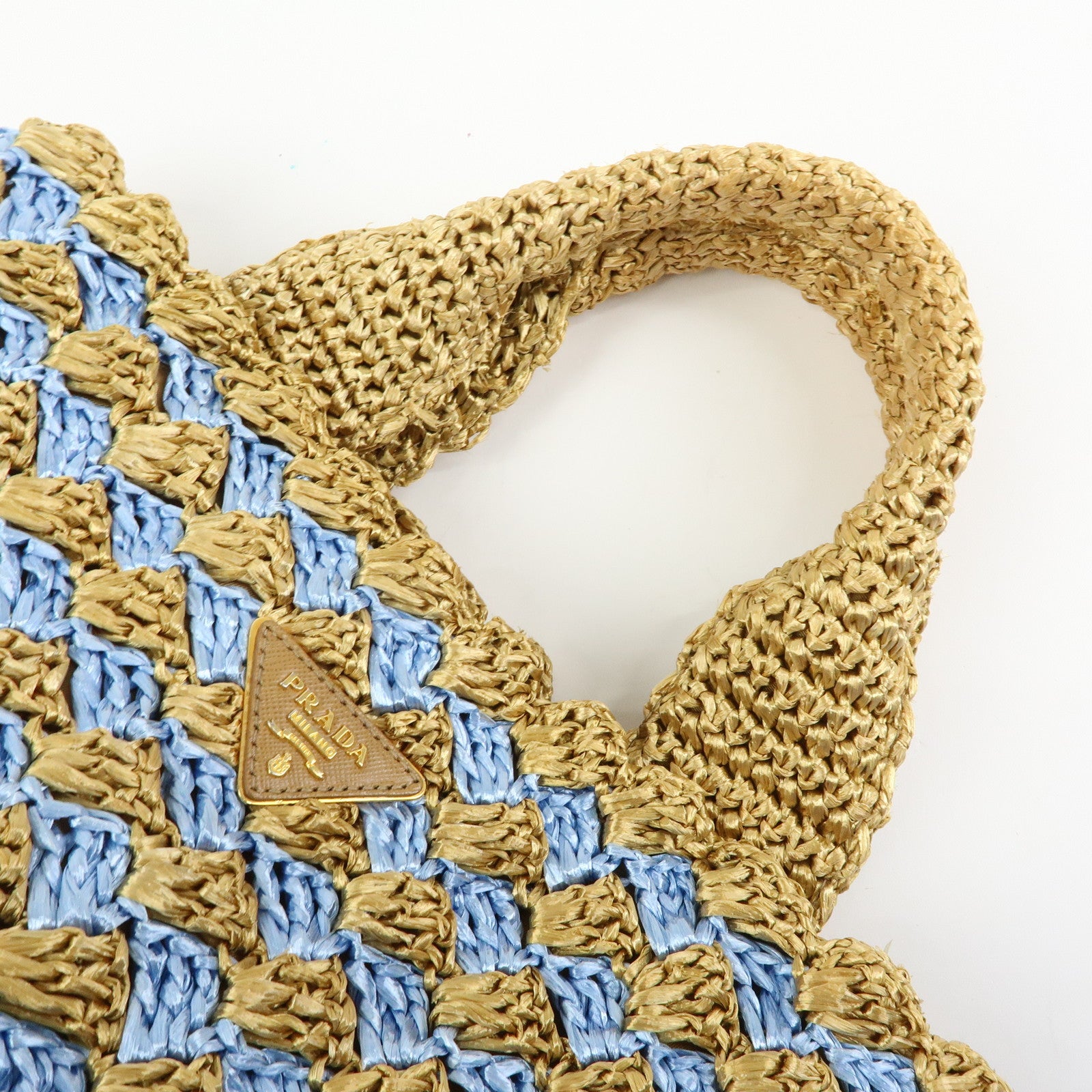 PRADA Triangle Logo Canapa Raffia Tote Bag Hand Bag Beige Blue