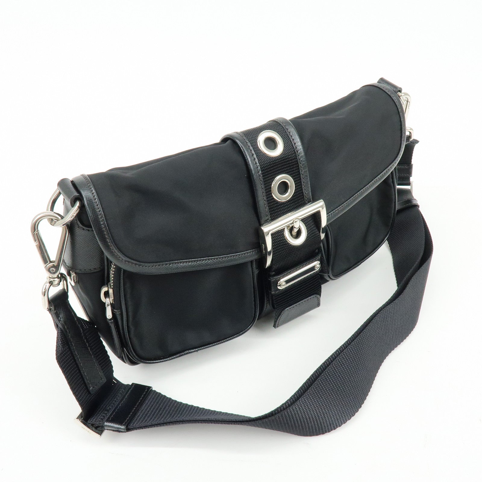 PRADA Triangle Logo Nylon Saffiano Leather Shoulder Bag Black BT0464
