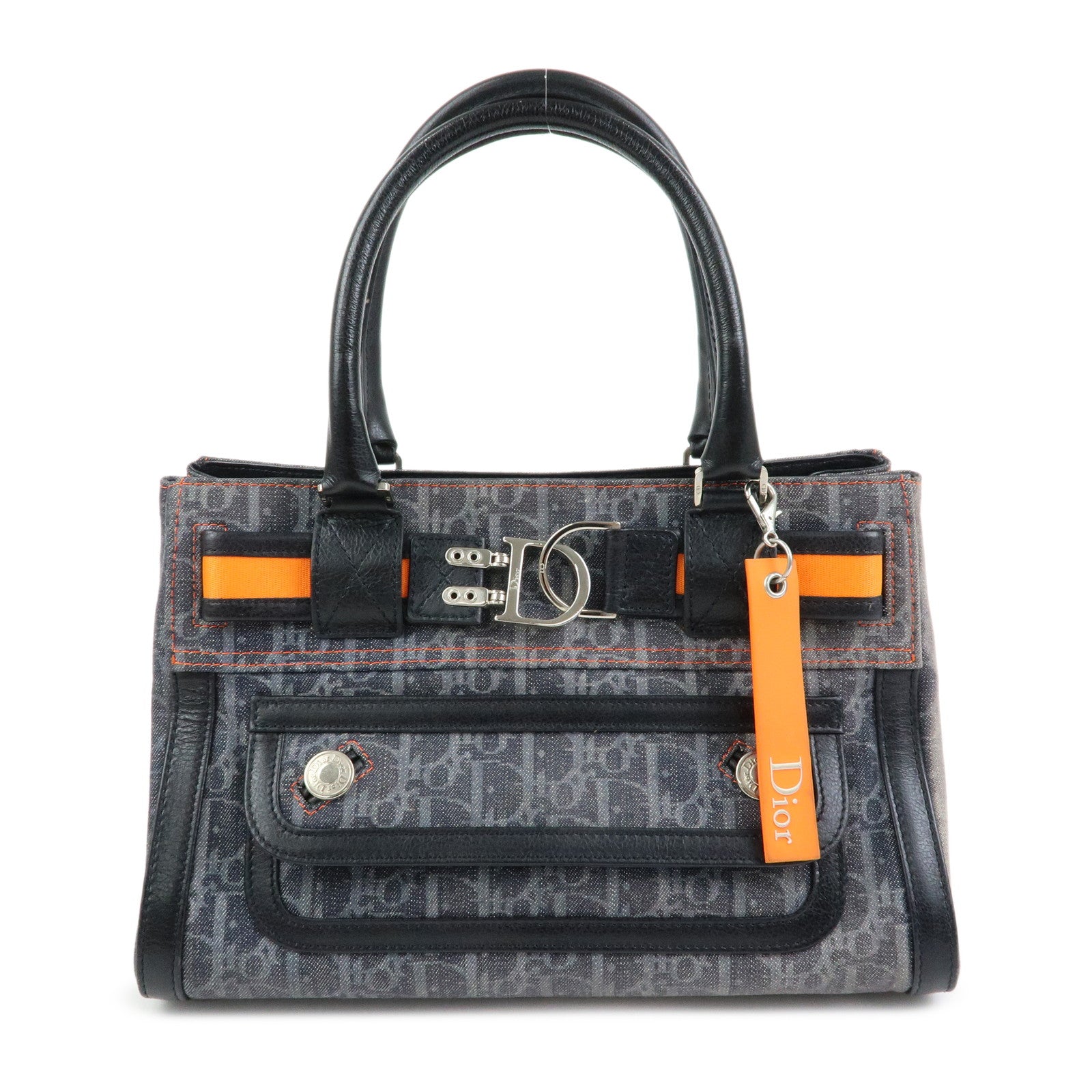 Christian Dior Trotter Flight Line Denim Leather Tote Bag Blue Navy