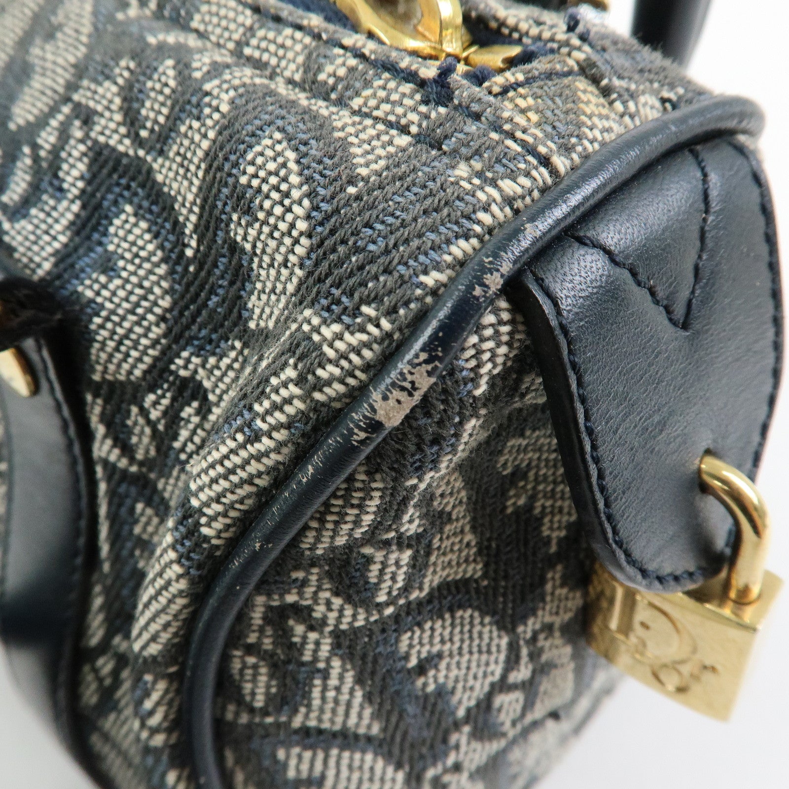 Christian Dior Trottern Jacquard Leather Mini Boston Bag Hand Bag Navy