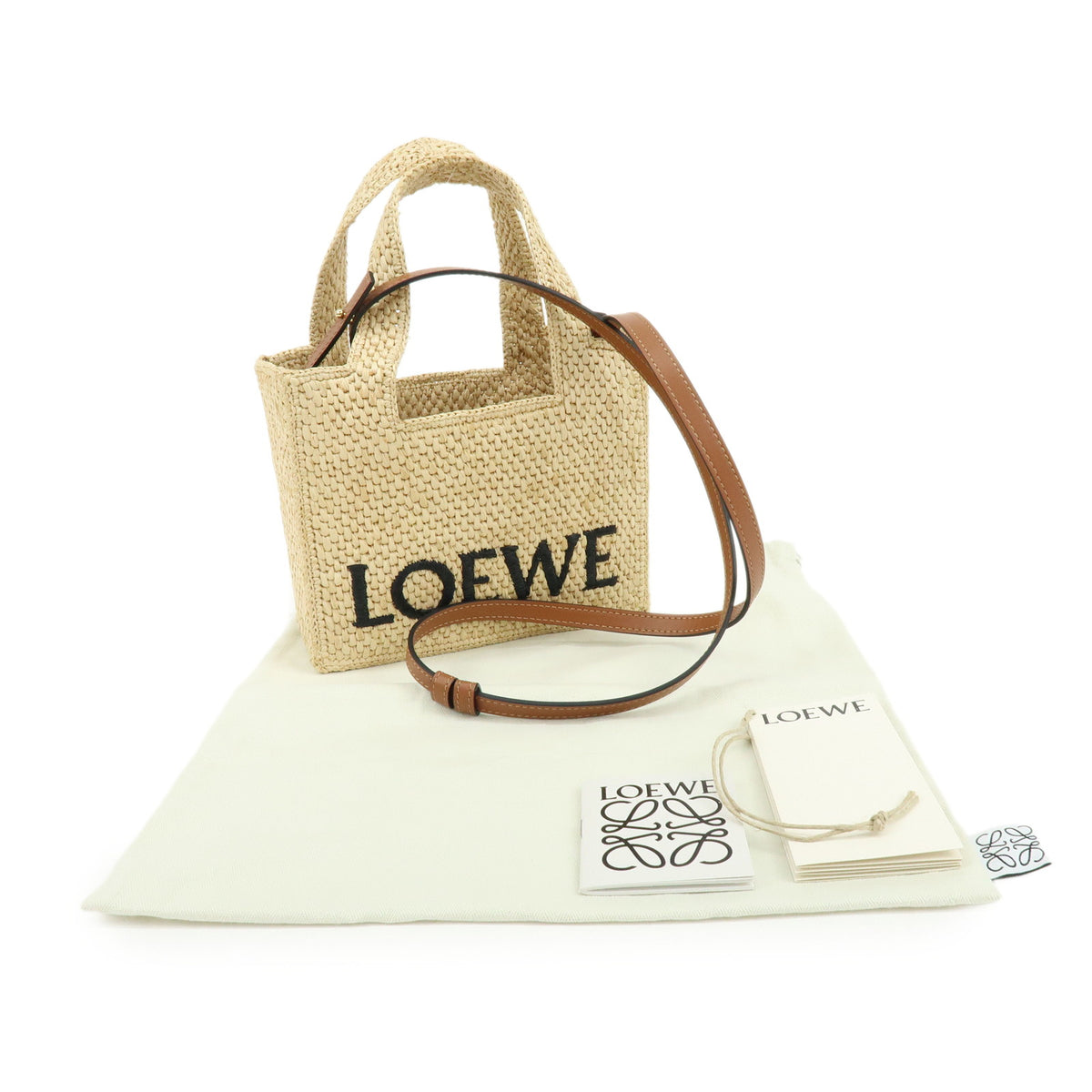 LOEWE Font Tote Small Raffia Leather 2Way Bag Shoulder Bag Natural