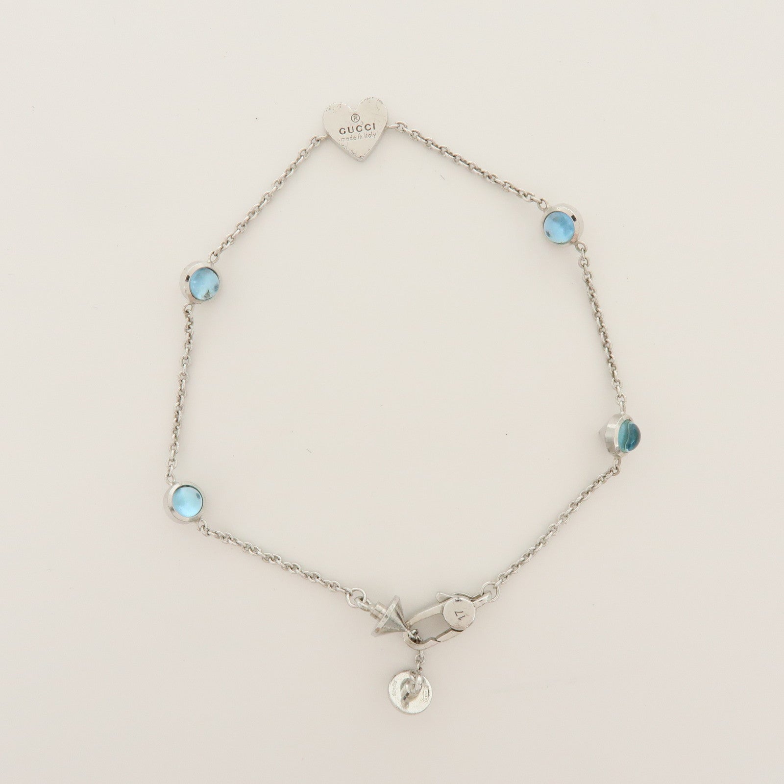 GUCCI Blue Topaz Heart Charm Bracelet SV925 17 Silver Light Blue
