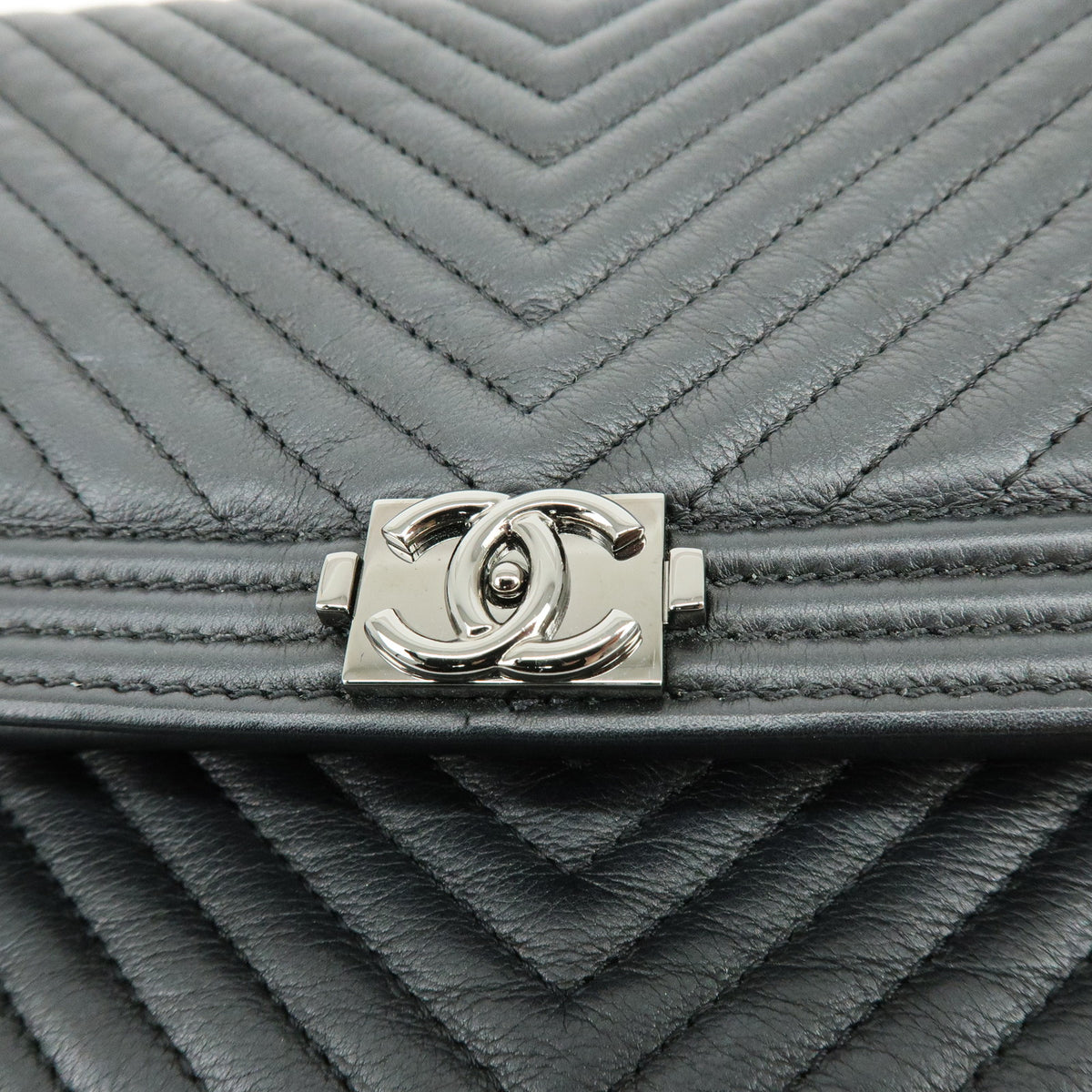 CHANEL Boy Chanel Chevron Calfskin Clutch Bag Black Silver