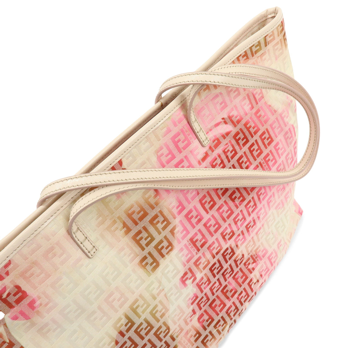FENDI Zucchino Canvas Leather Tote Bag Flower Vanilla Pink Green 8BH185