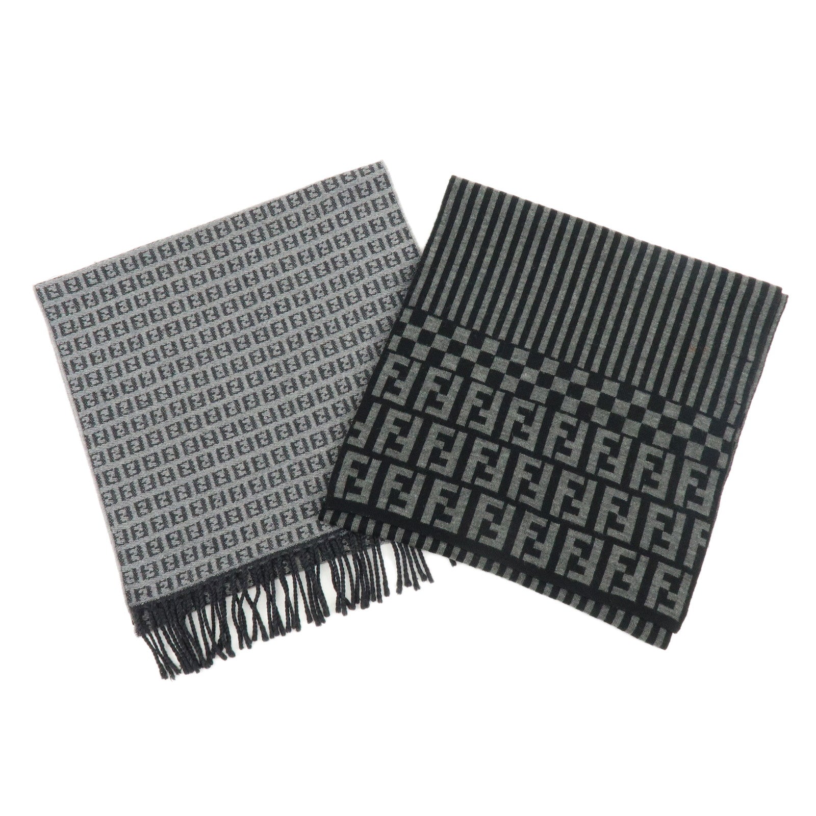 FENDI Set of 2 Zucca Zucchino Wool 100% Scarf Stole Black Gray