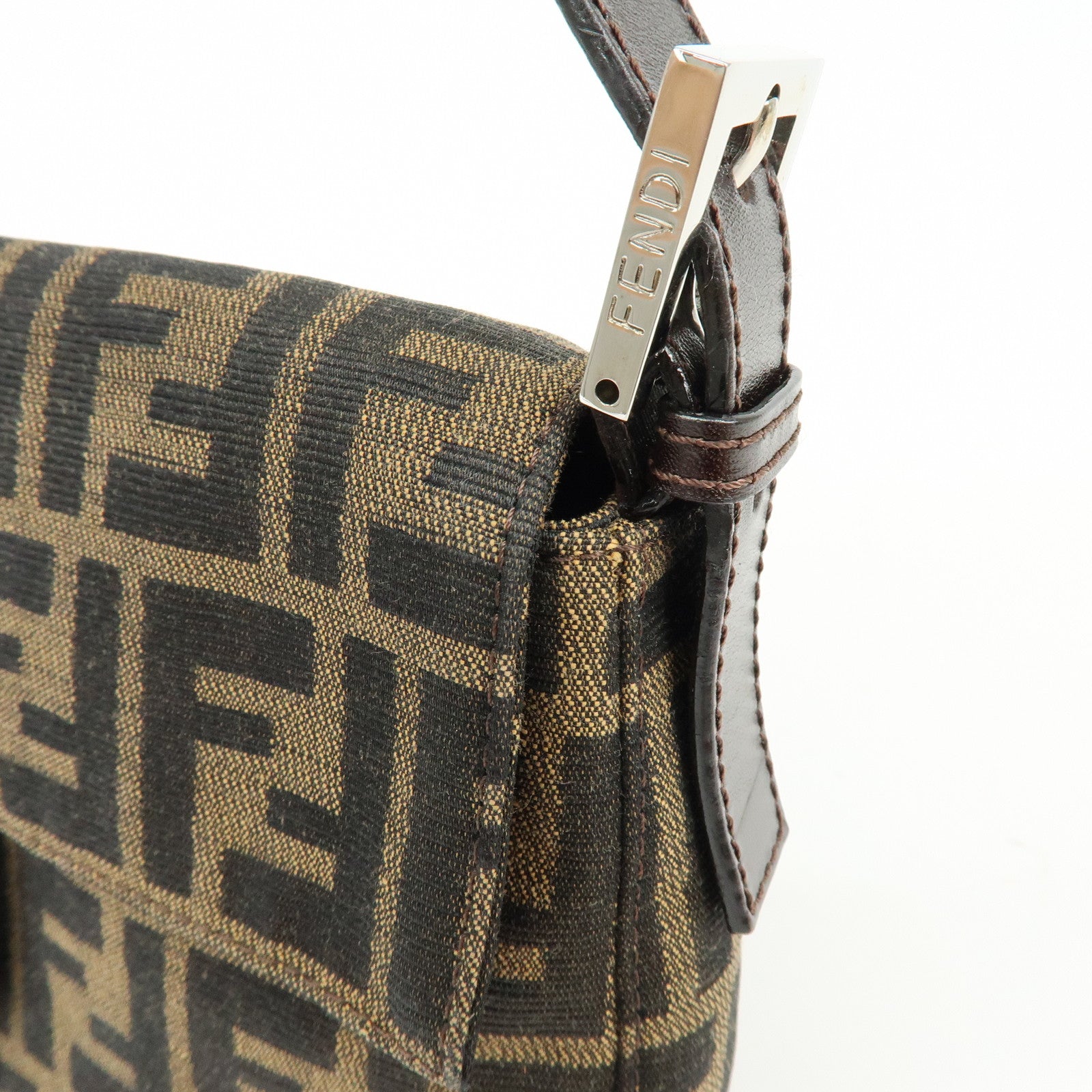 FENDI Mamma Baguette Zucca Canvas Leather Shoulder Bag Brown 26424
