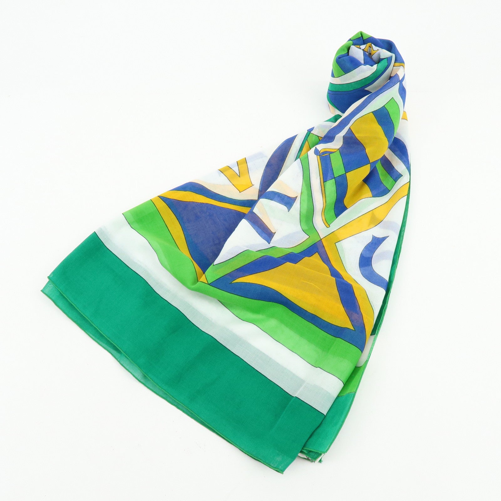 HERMES Vive La France Cotton 100％ Scarf Pareo Green Blue Yellow