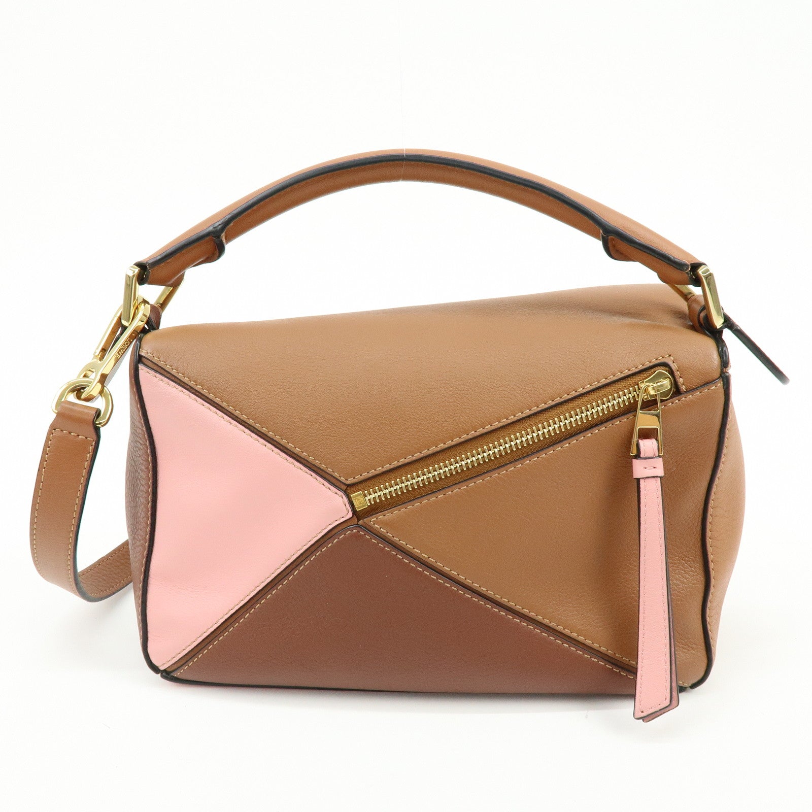 LOEWE Puzzle Bag Anagram Calf Skin Medium 2Way Bag Brown Pink Camel