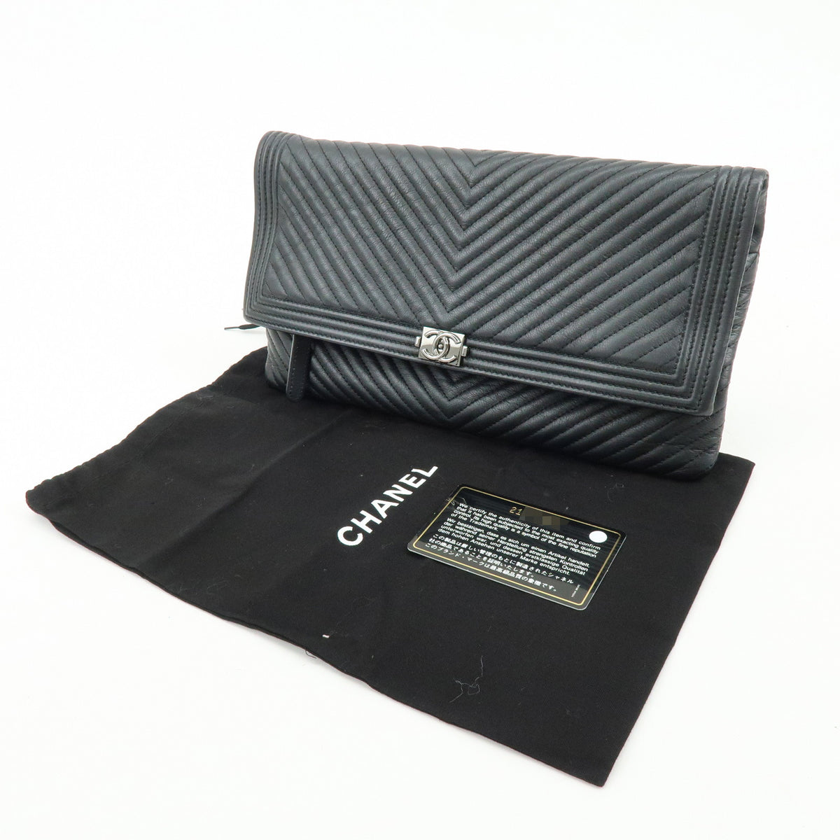 CHANEL Boy Chanel Chevron Calfskin Clutch Bag Black Silver