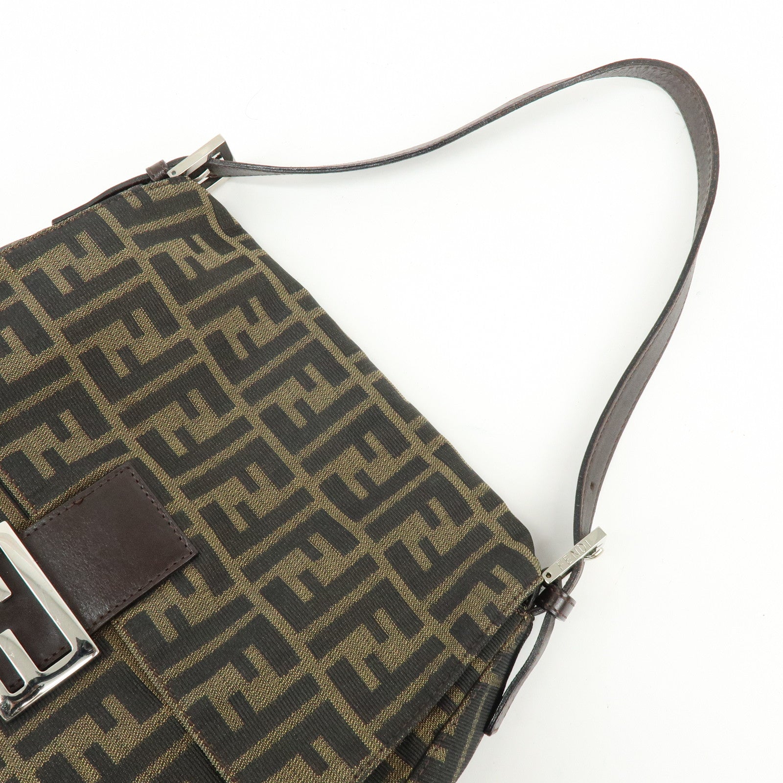 FENDI Mamma Baguette Jacquard Canvas Leather Shoulder Bag Brown 26325