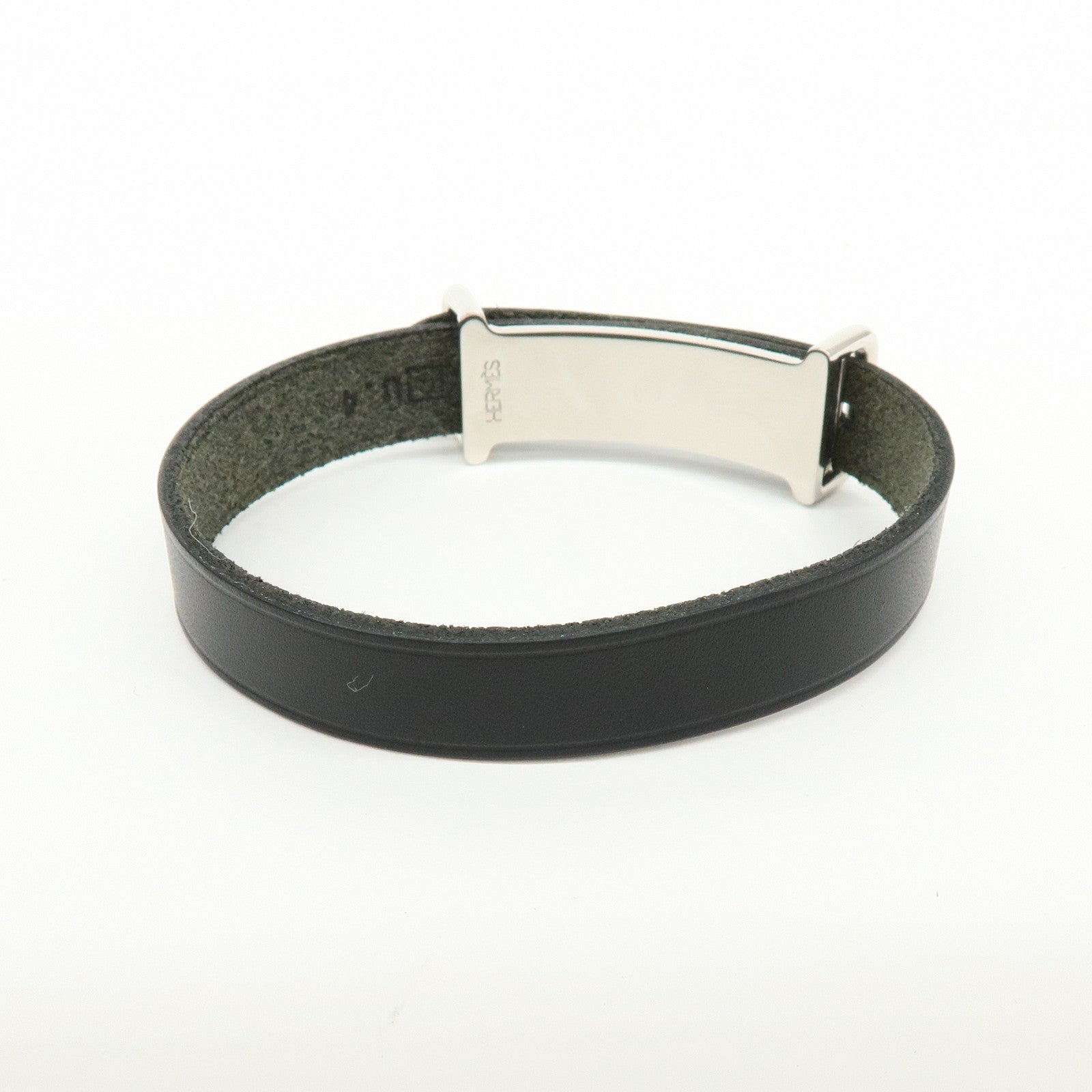 HERMES Api 2 Leather Bracelet Bangle Black □C Stamped Black Silver