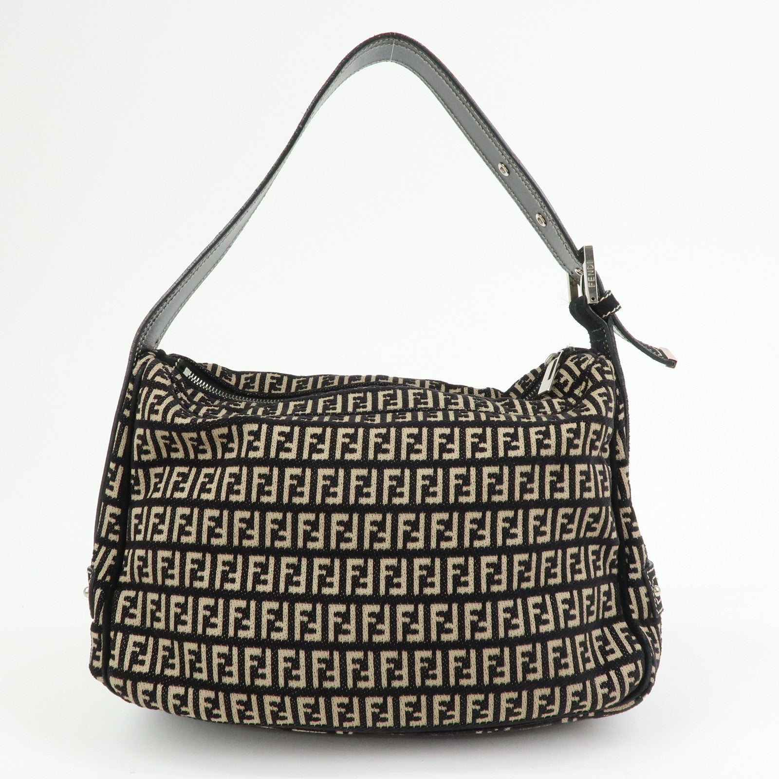 FENDI Zucchino Jacquard Canvas Suede Leather Shoulder Bag Black 8BR098