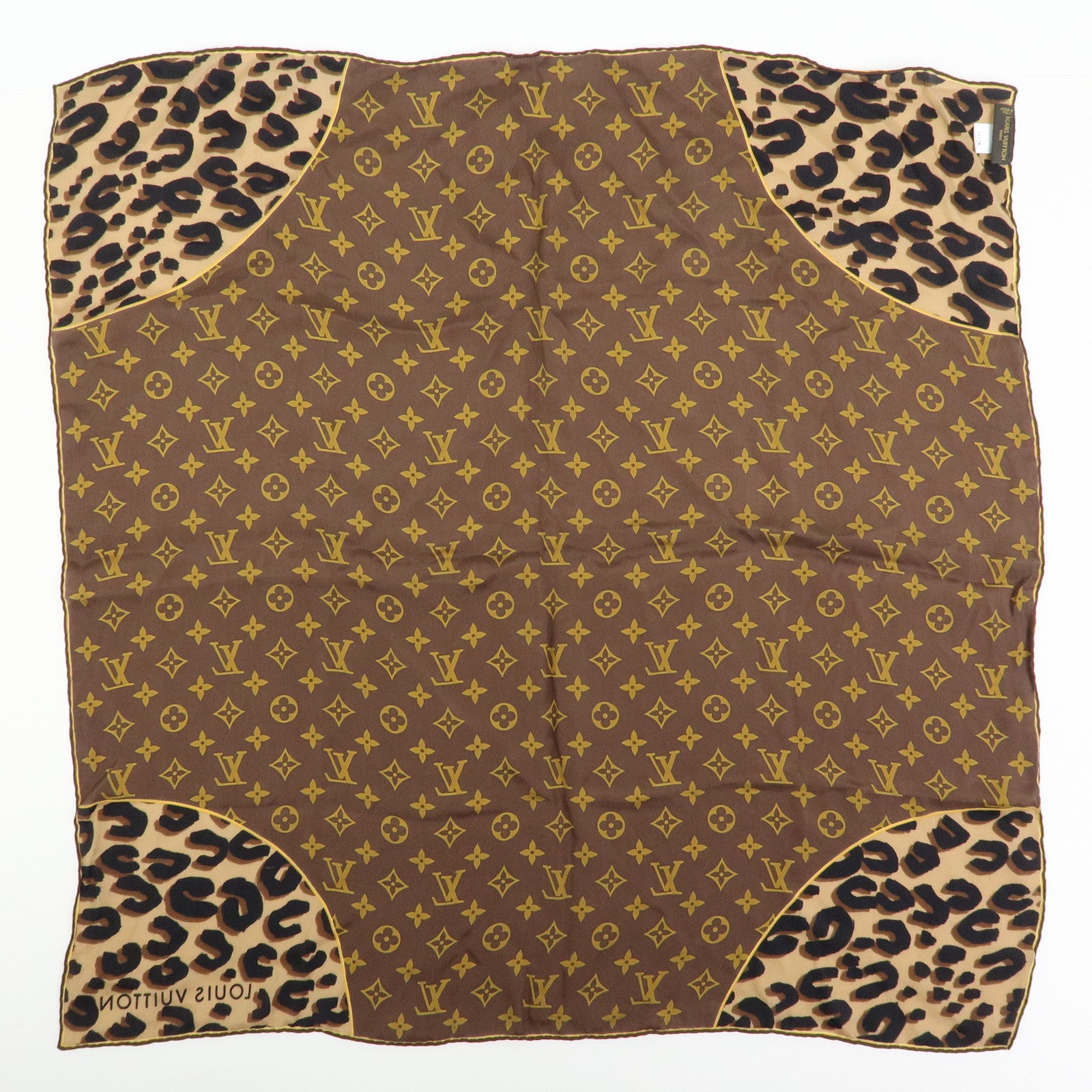 Louis Vuitton Monogram Silk 100% Scarf Shawl Leopard Pattern Brown