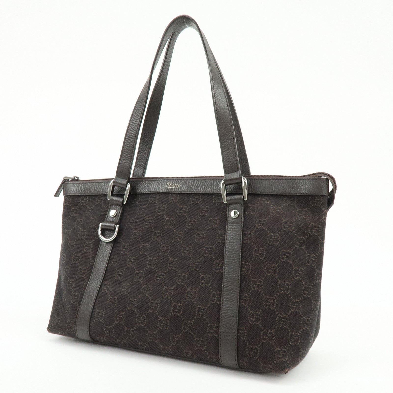 GUCCI Abbey GG Denim Leather Tote Bag Hand Bag Dark Brown 268640