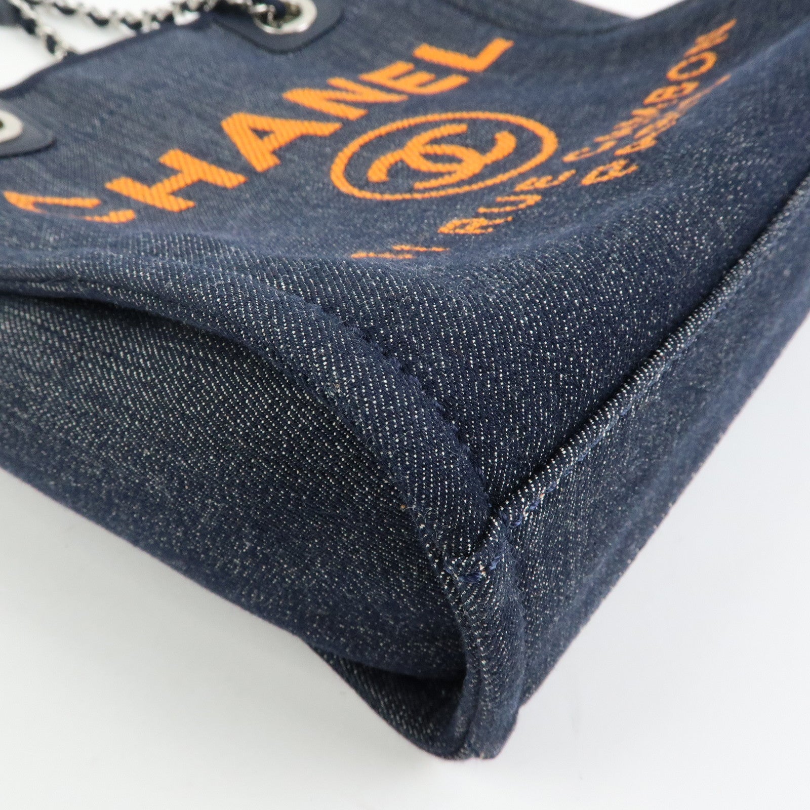 CHANEL Deauville PM Denim Calf Leather Chain Tote Bag Indigo A66939