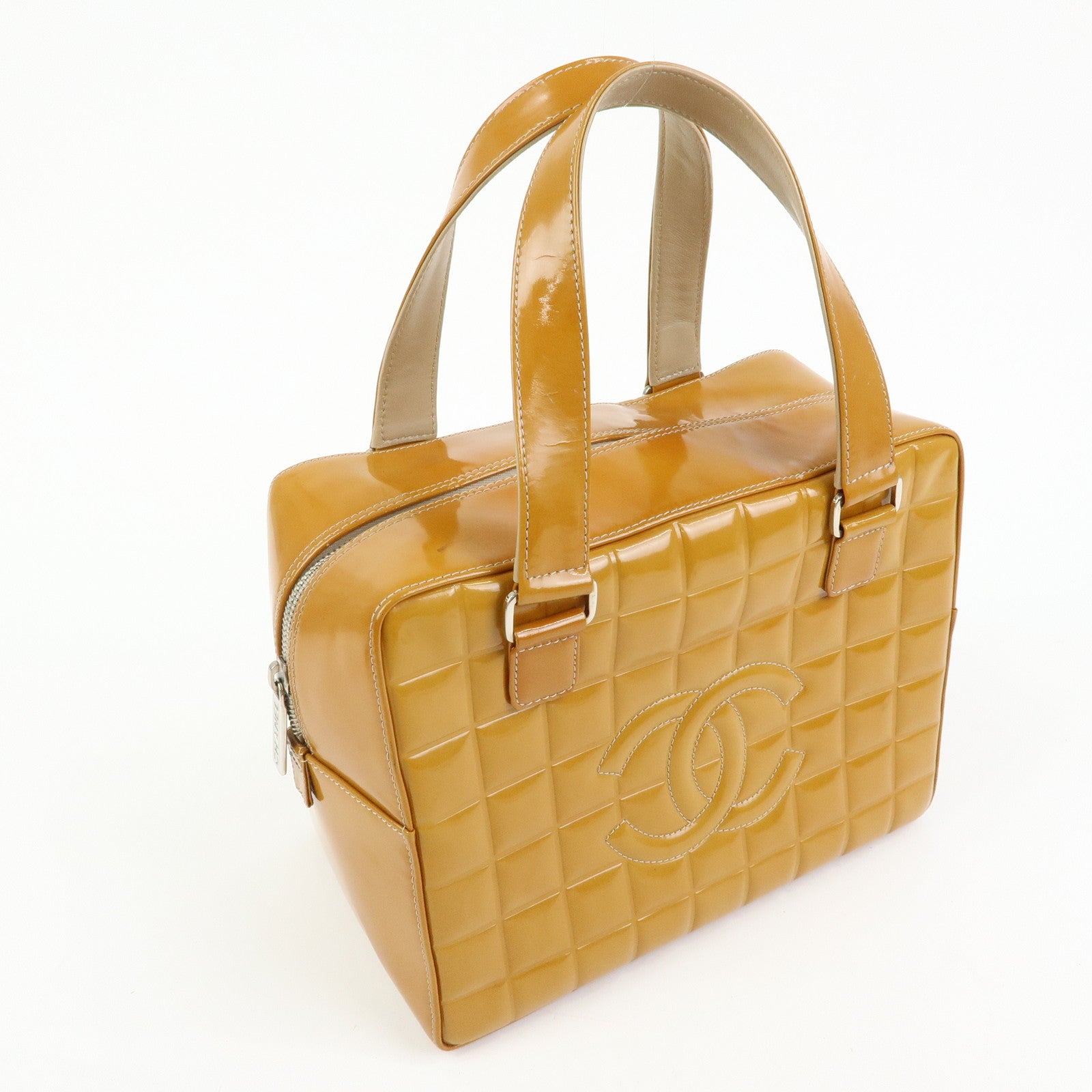CHANEL Chocolate Bar COCO Mark Patent Leather Boston Bag Hand Bag Camel