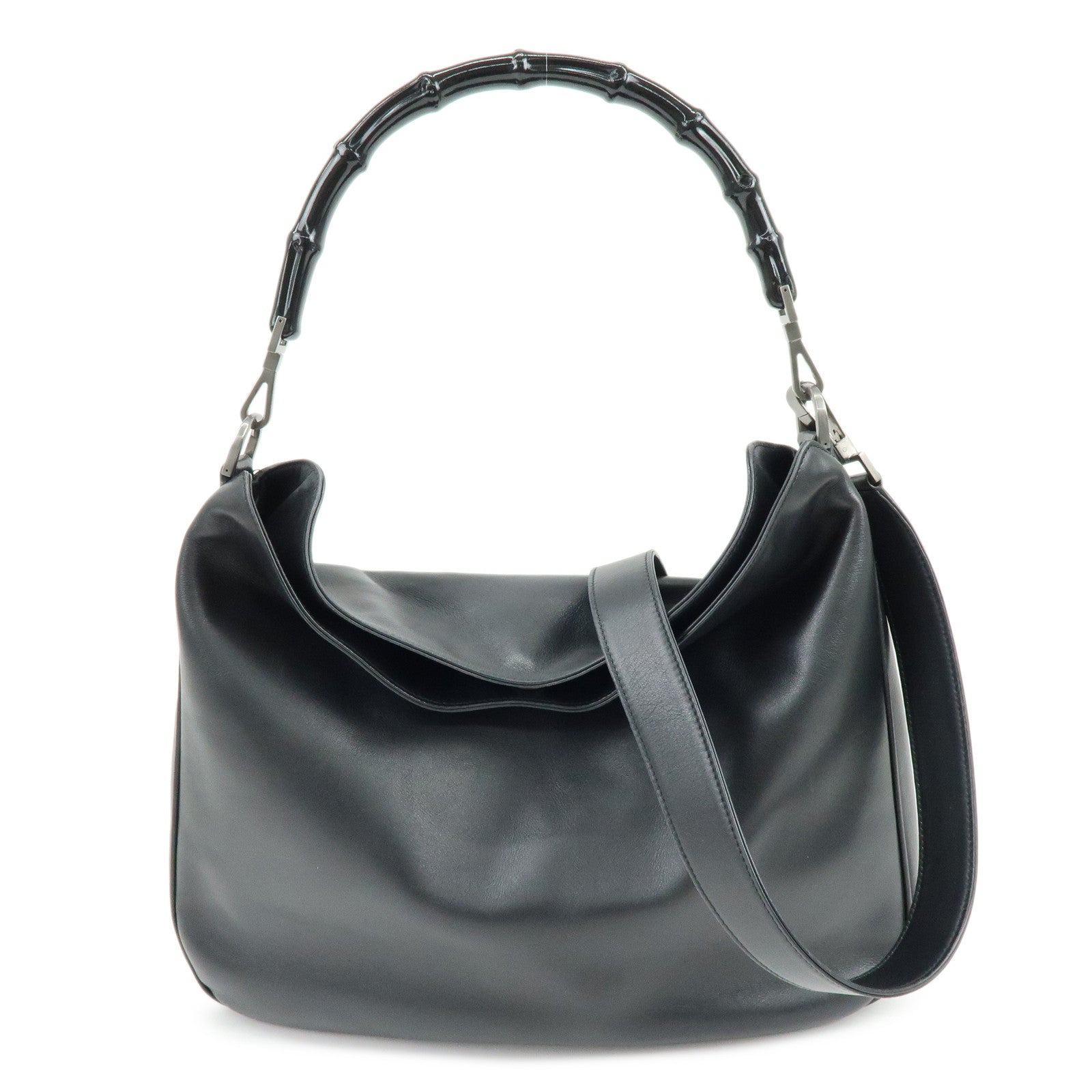 GUCCI Bamboo Leather 2Way Bag Shoulder Bag Hand Bag Black  0011577