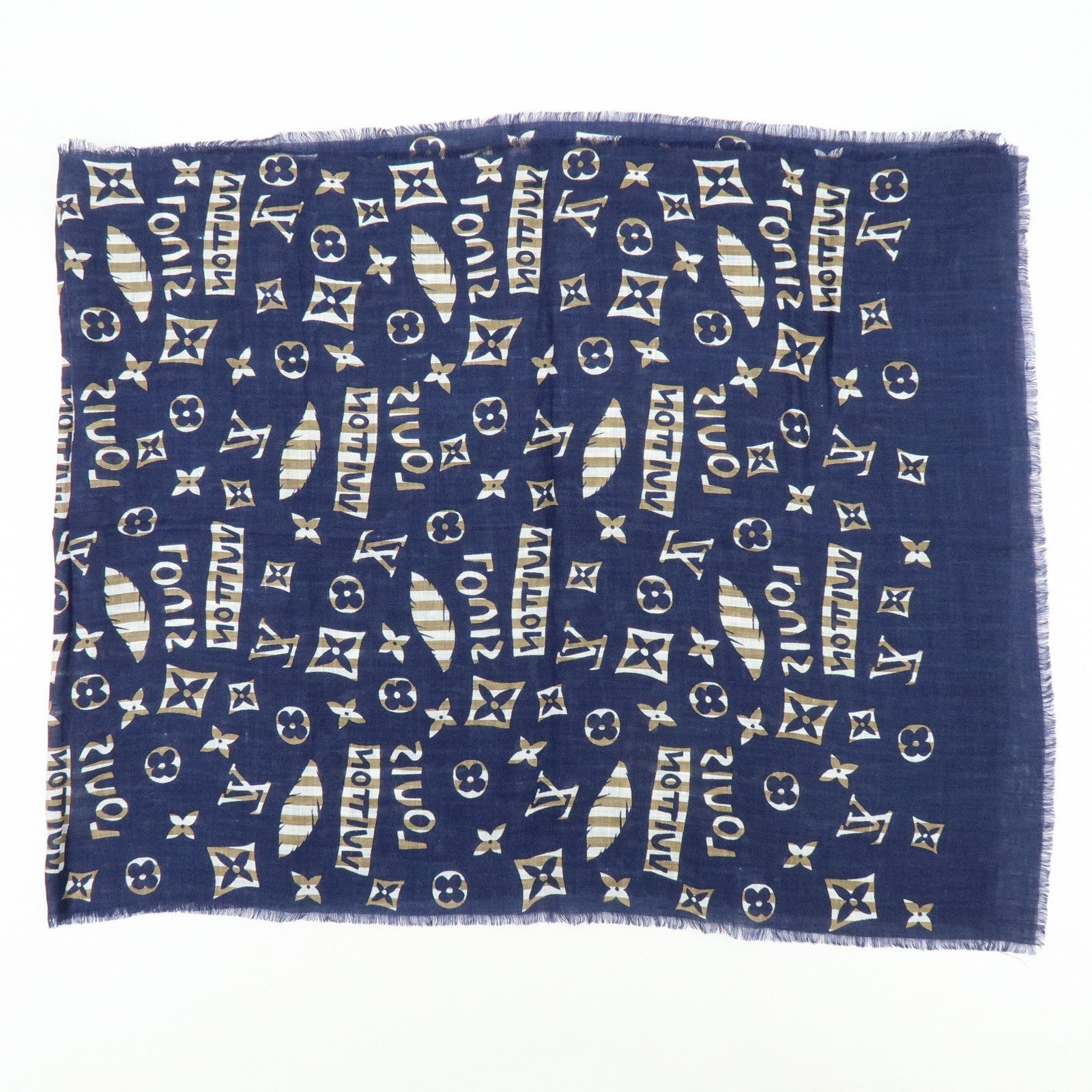 Louis Vuitton Monogram Linen Silk Scarf Shawl Navy Light Brown
