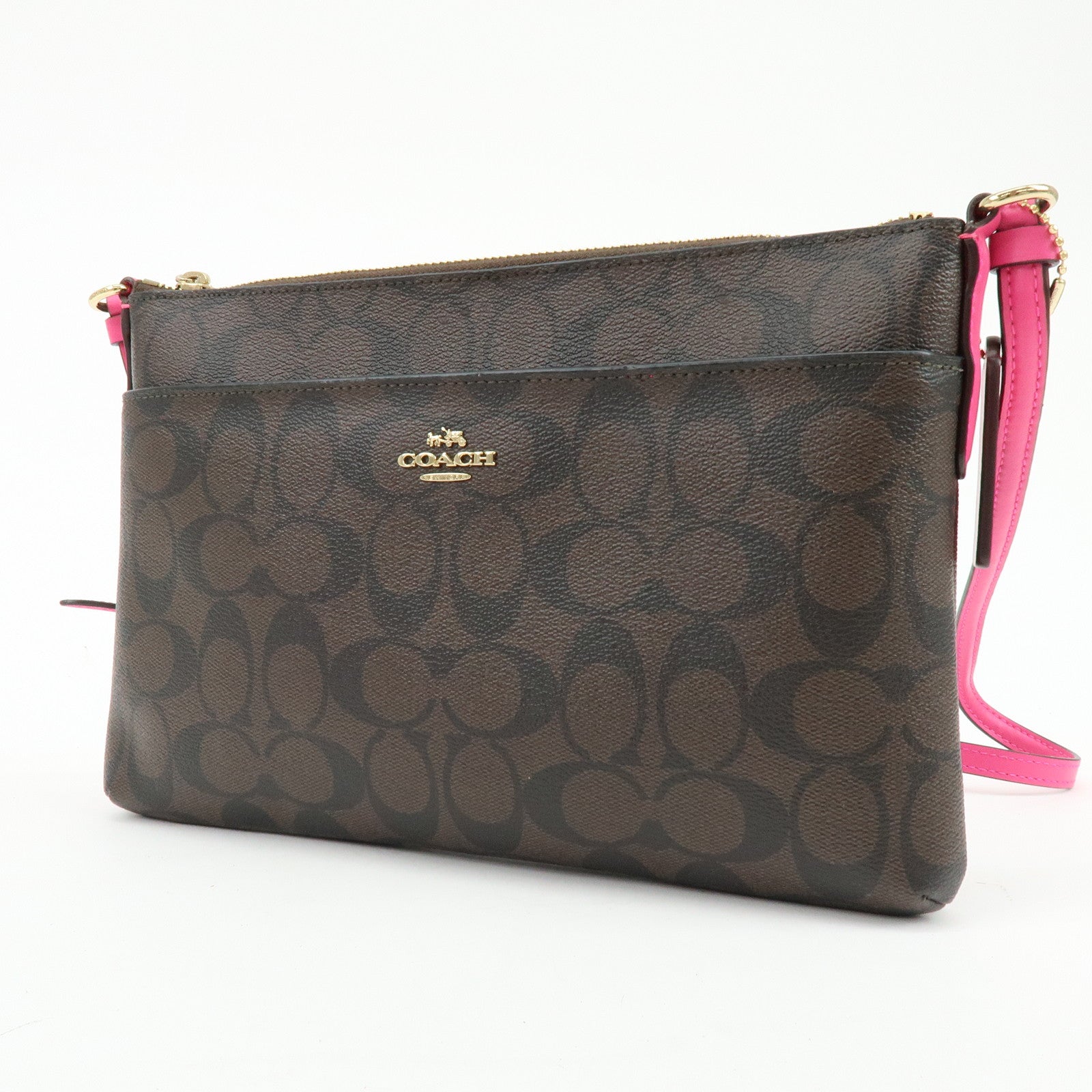 COACH Signature PVC Leather Shoulder Bag Crossbody Bag Brown Pink