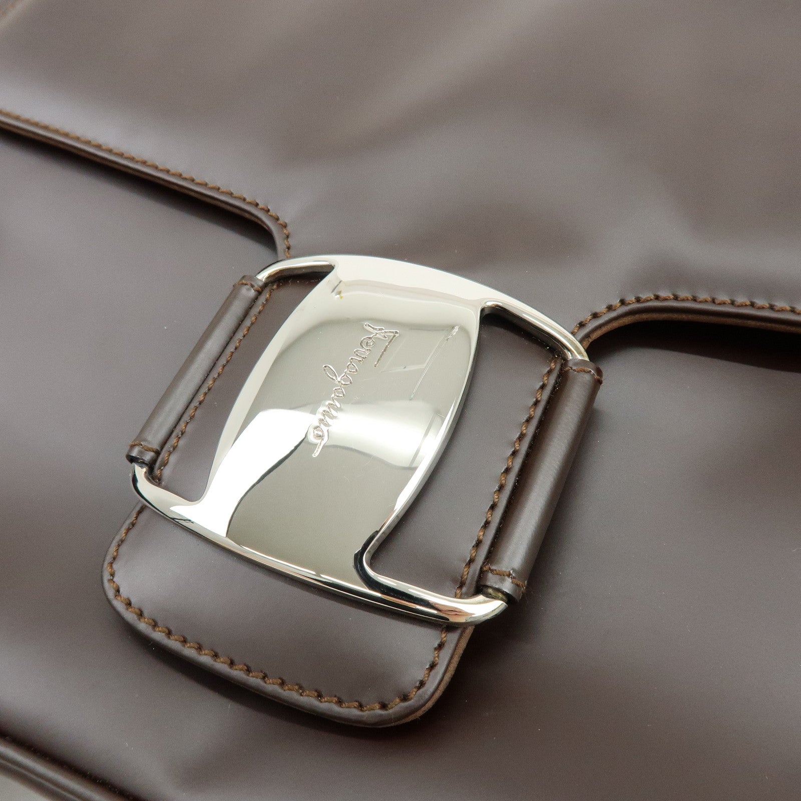 Ferragamo Vara Leather Shoulder Bag Hand Bag Dark Brown