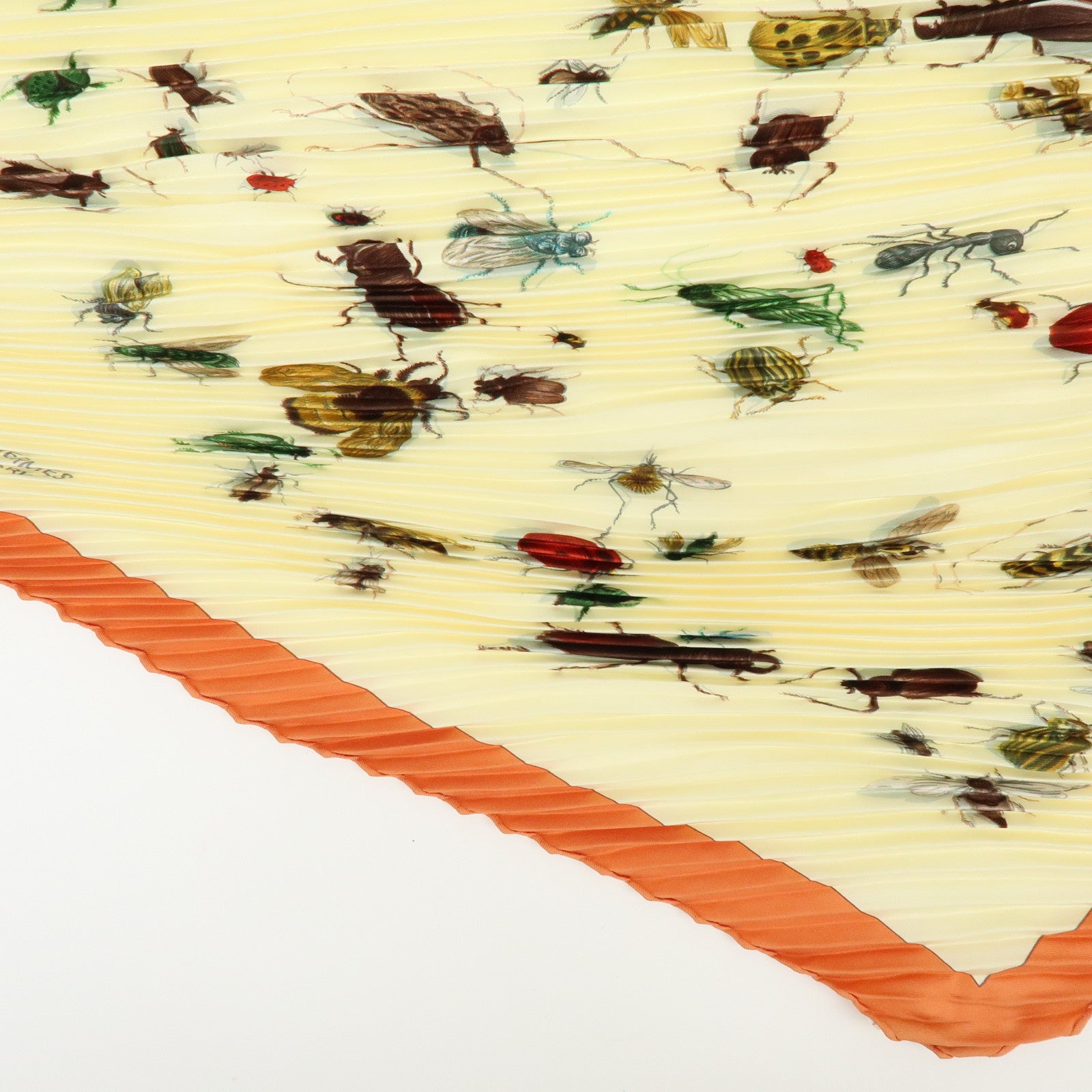 HERMES Pleats Carre Silk 100% Scarf LES INSECTES Cream Orange