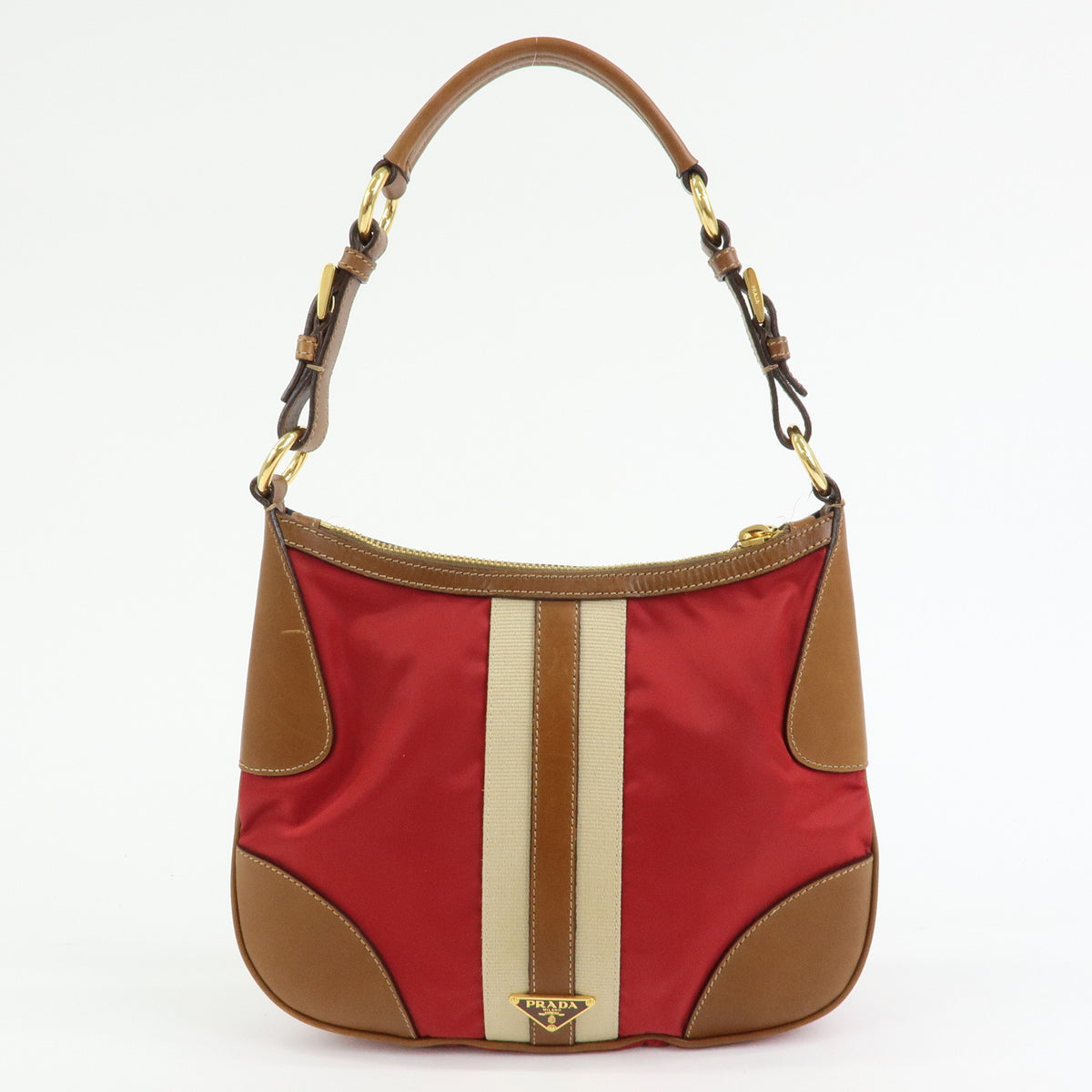 PRADA Triangle Logo Nylon Leather Shoulder Bag Red Beige Brown