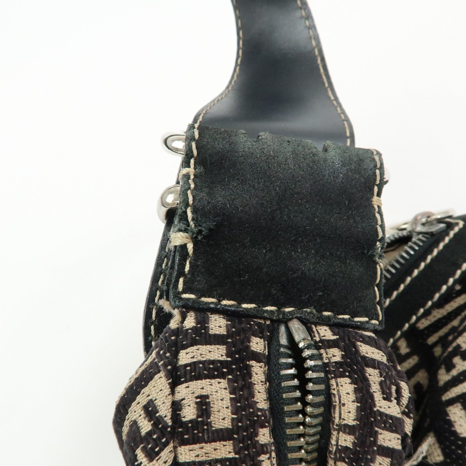 FENDI Zucchino Canvas Leather Shoulder Bag Hand Bag Black Beige