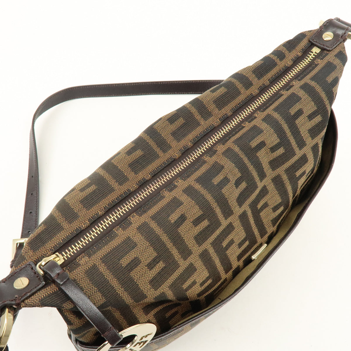 FENDI Zucca Canvas Leather Shoulder Bag Brown Black 8BT190