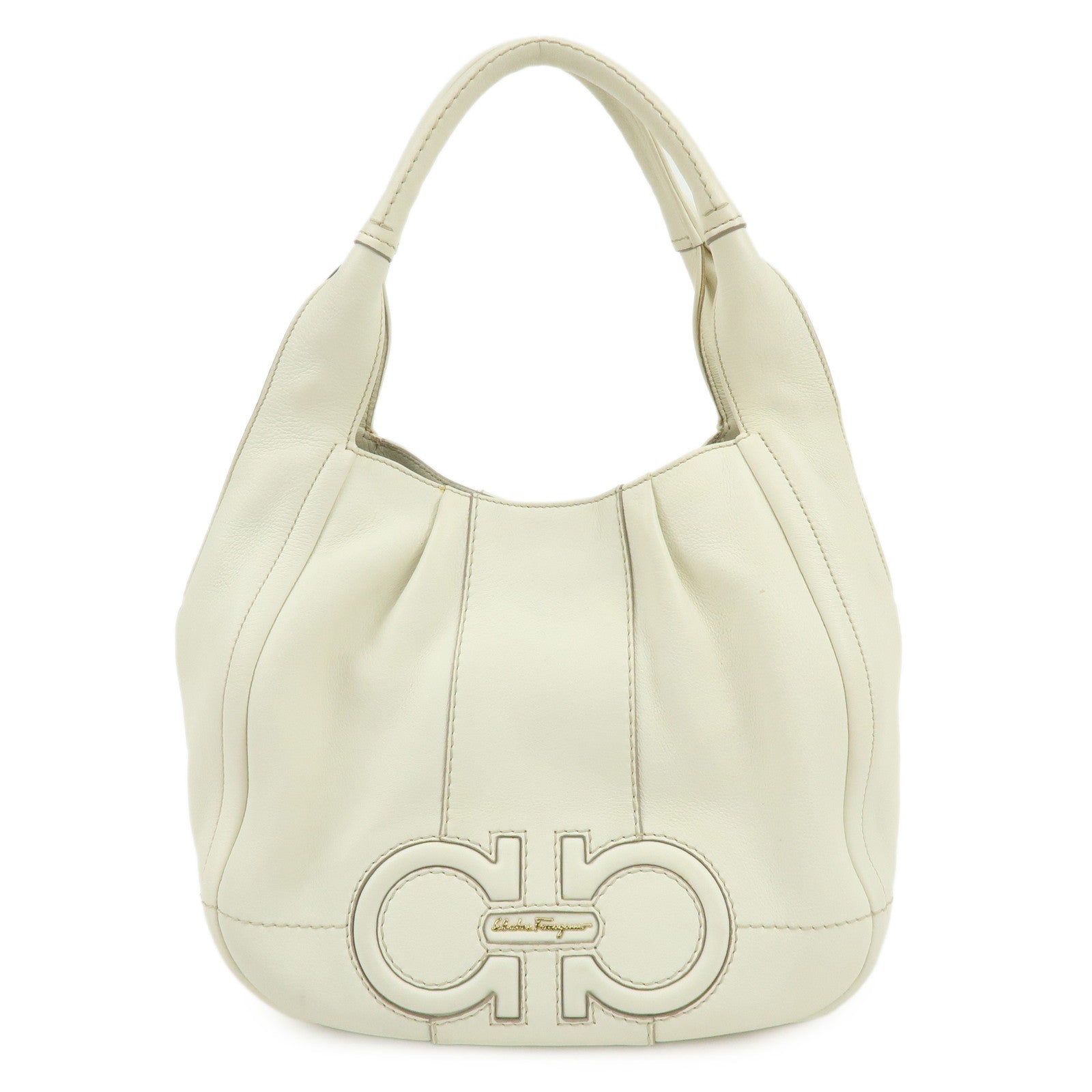 Ferragamo Gancini Leather Shoulder Bag Hand Bag Ivory