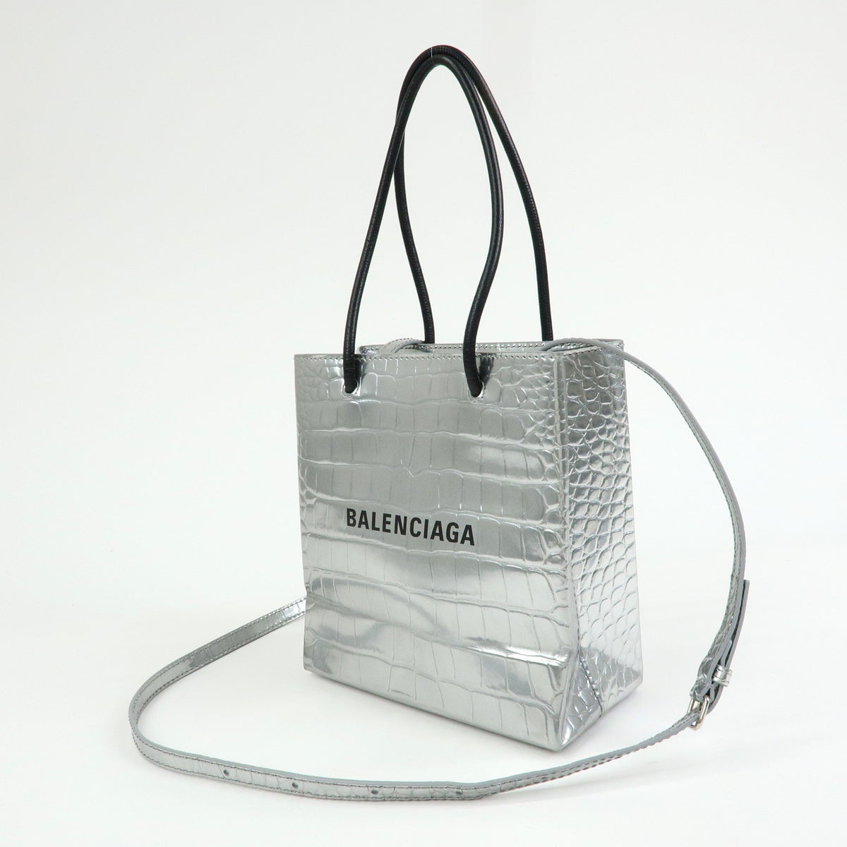 BALENCIAGA THE SHOPPING Leather 2Way Tote Hand Bag XXS Silver 597858