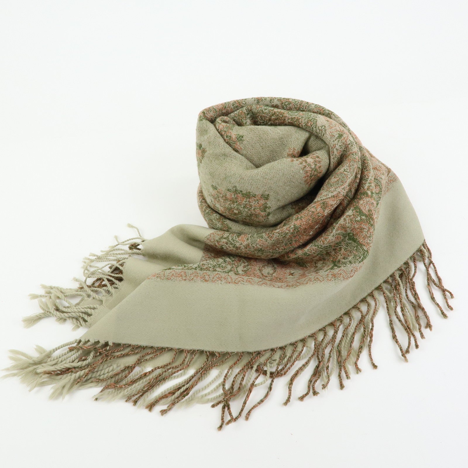 Christian Dior Wool 100% Scarf Paisley Stole Green Coral