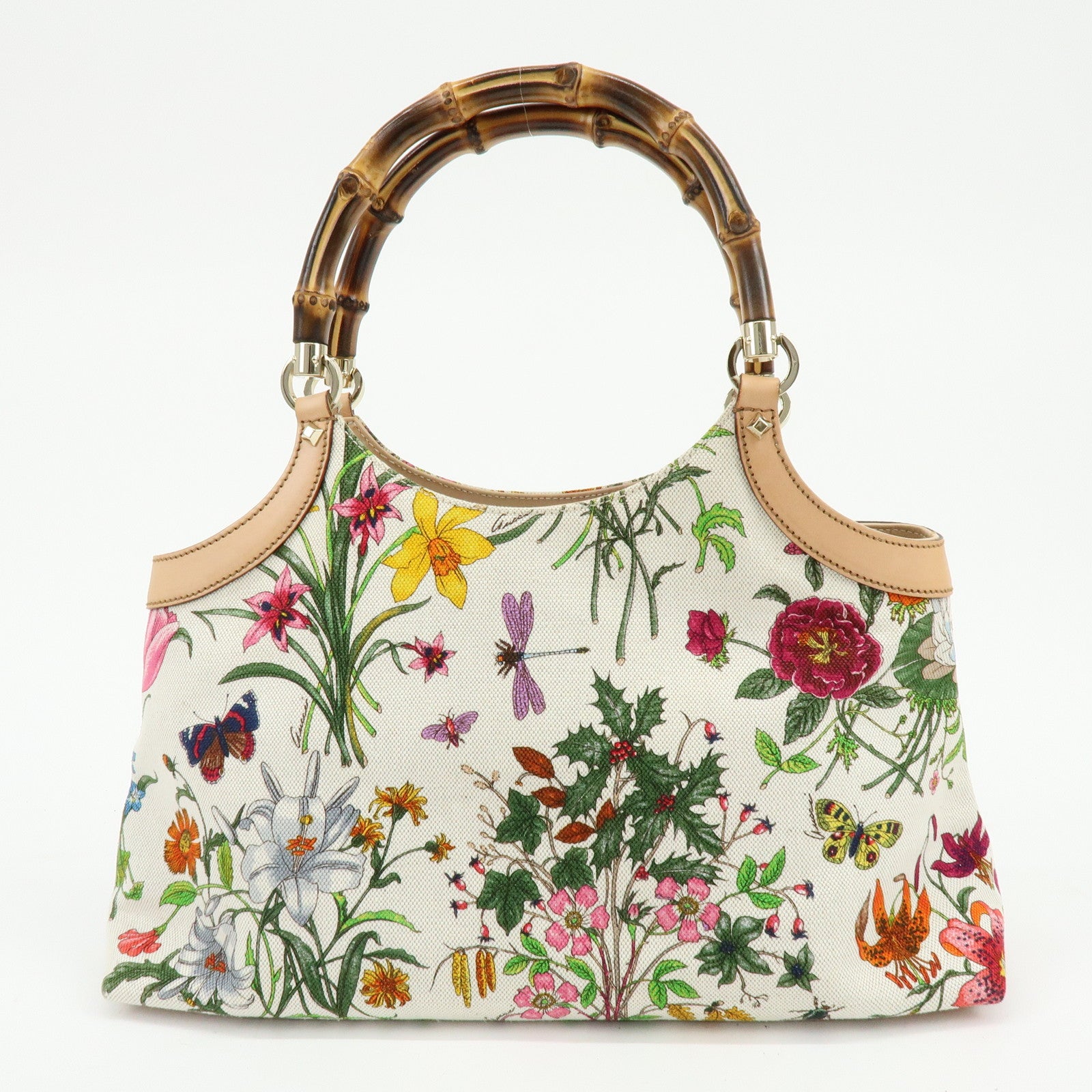 GUCCI Bamboo Flora Canvas Leather Hand Bag Multicolor Beige 137395
