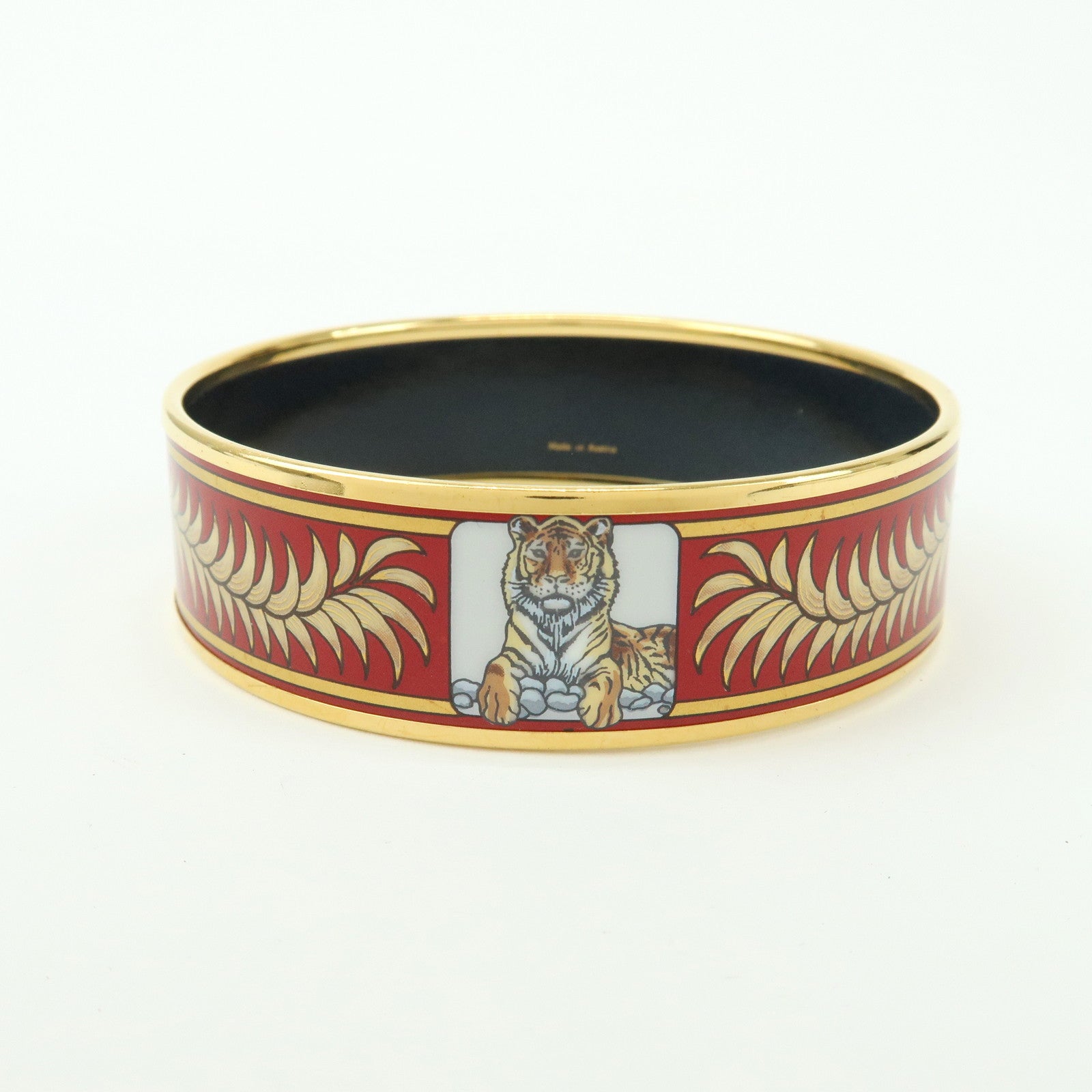 HERMES Email MM Gold Plated Bangle Bracelet Tiger Motif Red Gold