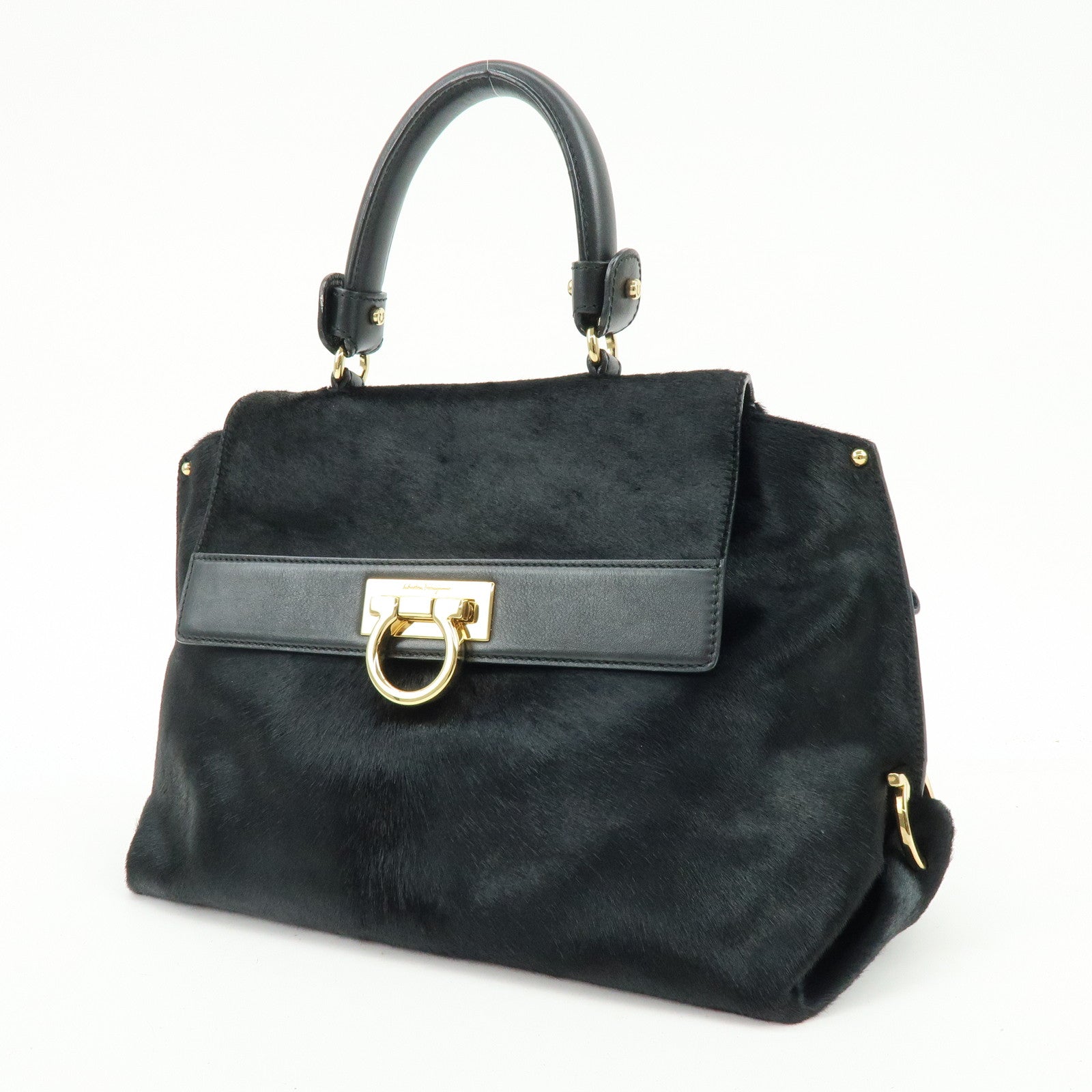 Ferragamo Gancini Unborn Calf Leather 2Way Bag Top Handle Bag Black