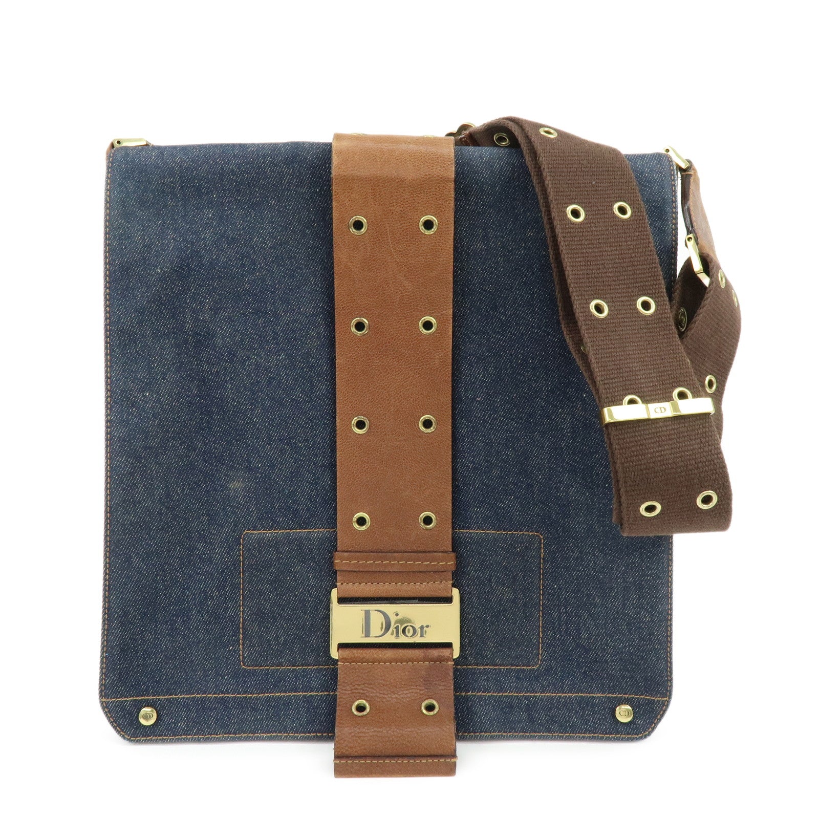 Christian Dior Street Chic Denim Leather Shoulder Bag Indigo Blue Brown