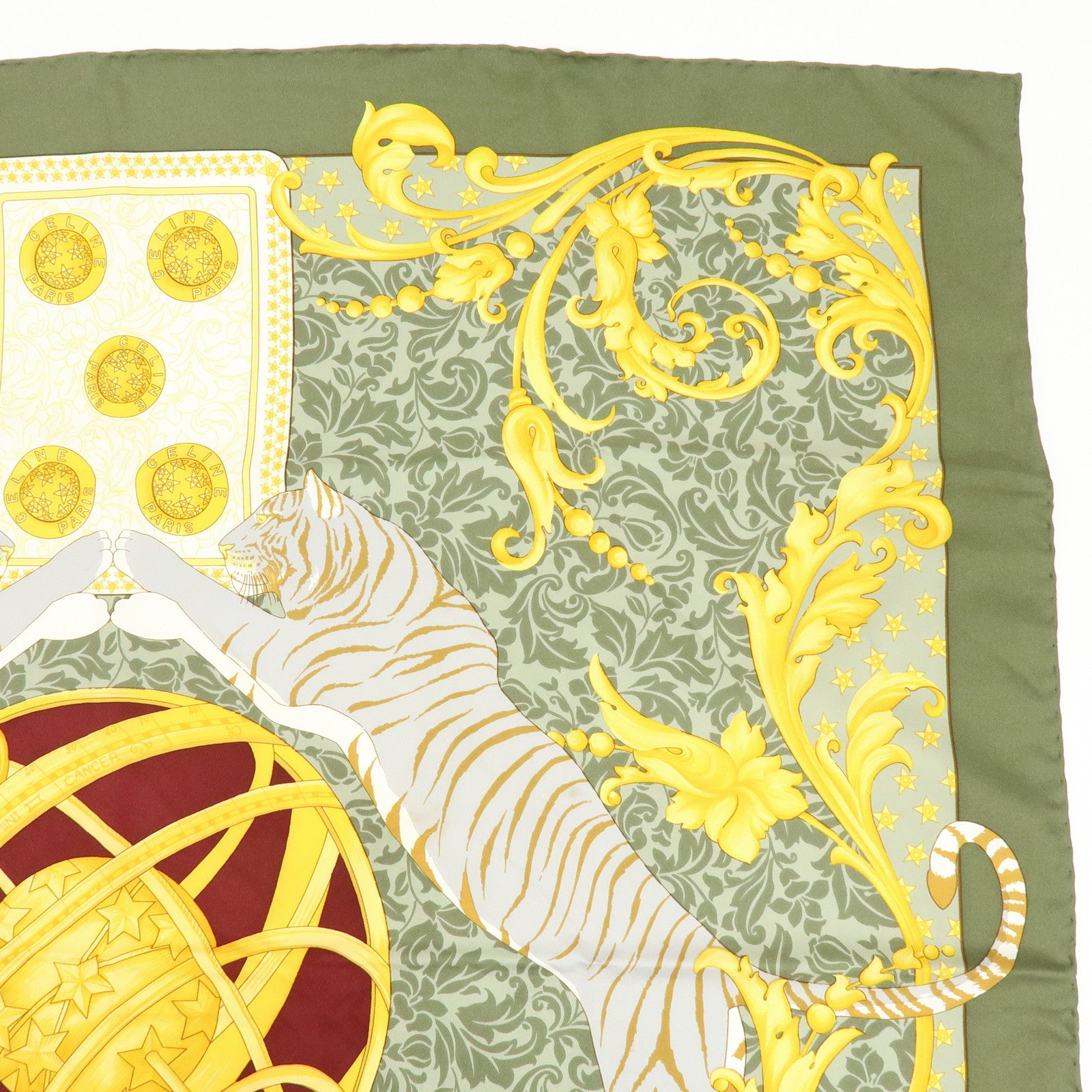 CELINE Silk100% Tiger Print Baroque Motif Scarf Shawl Green Yellow