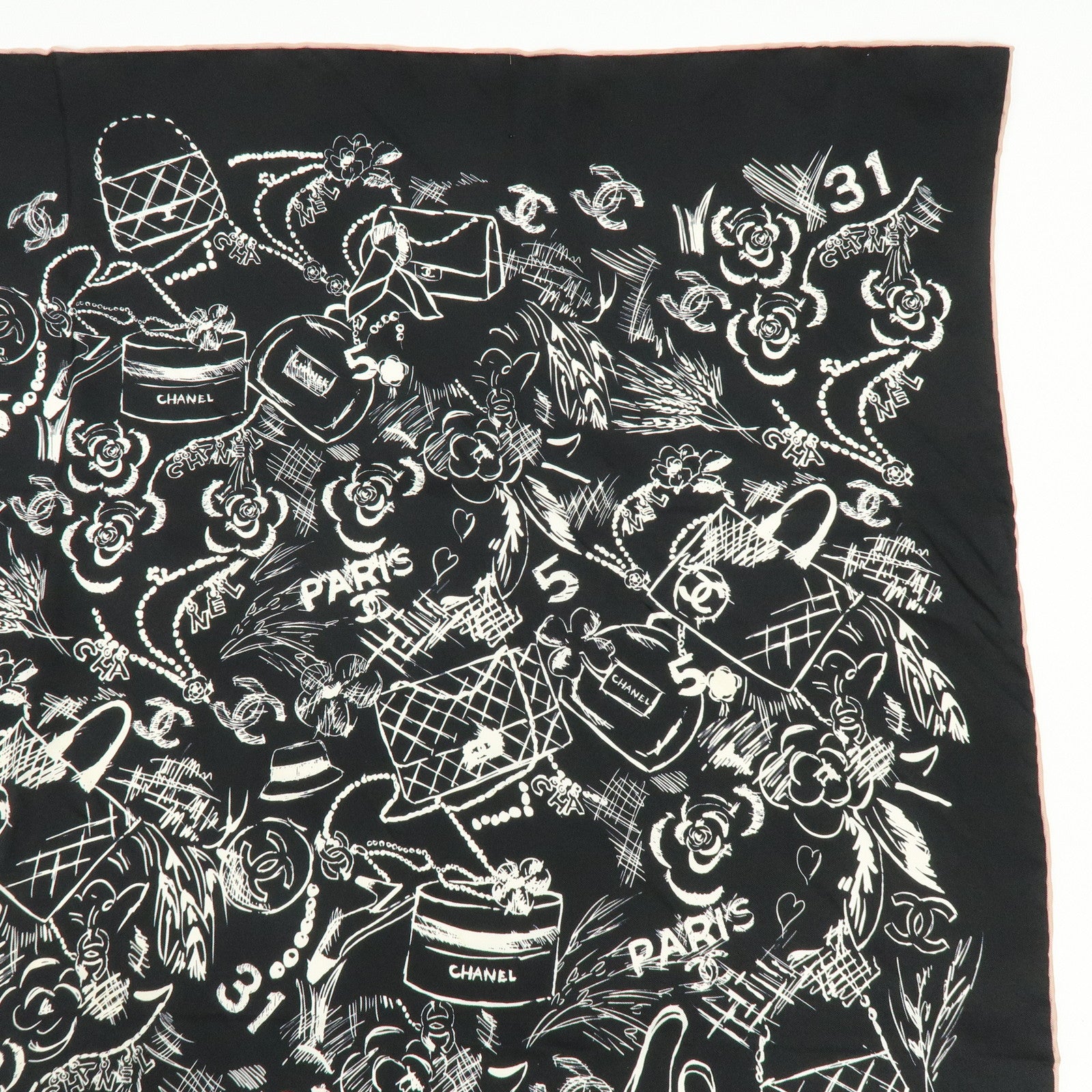 CHANEL Silk 100% Scarf Iconographic Pattern Black White Pink