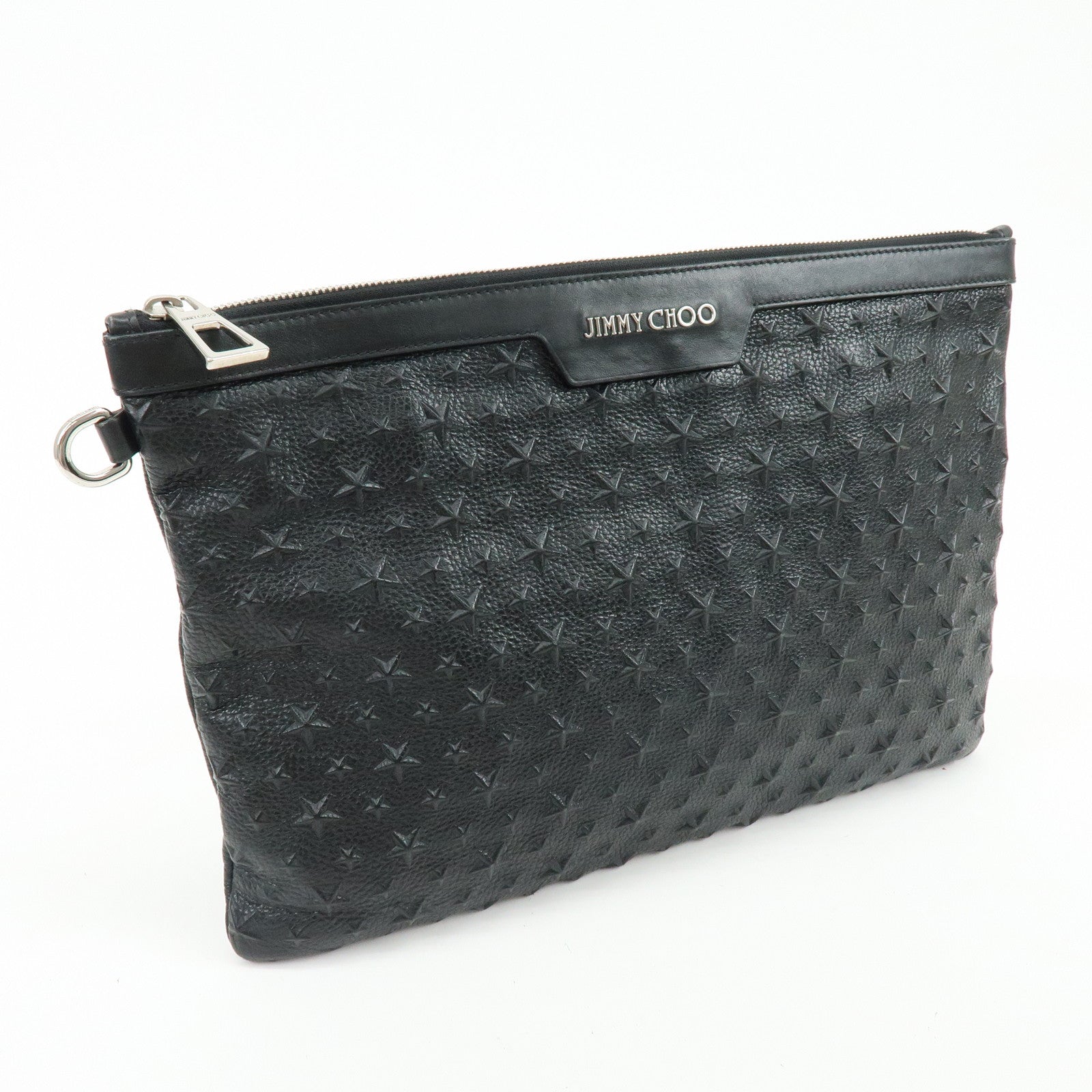 JIMMY CHOO Leather Clutch Bag Pouch Star Embossed Studs Black