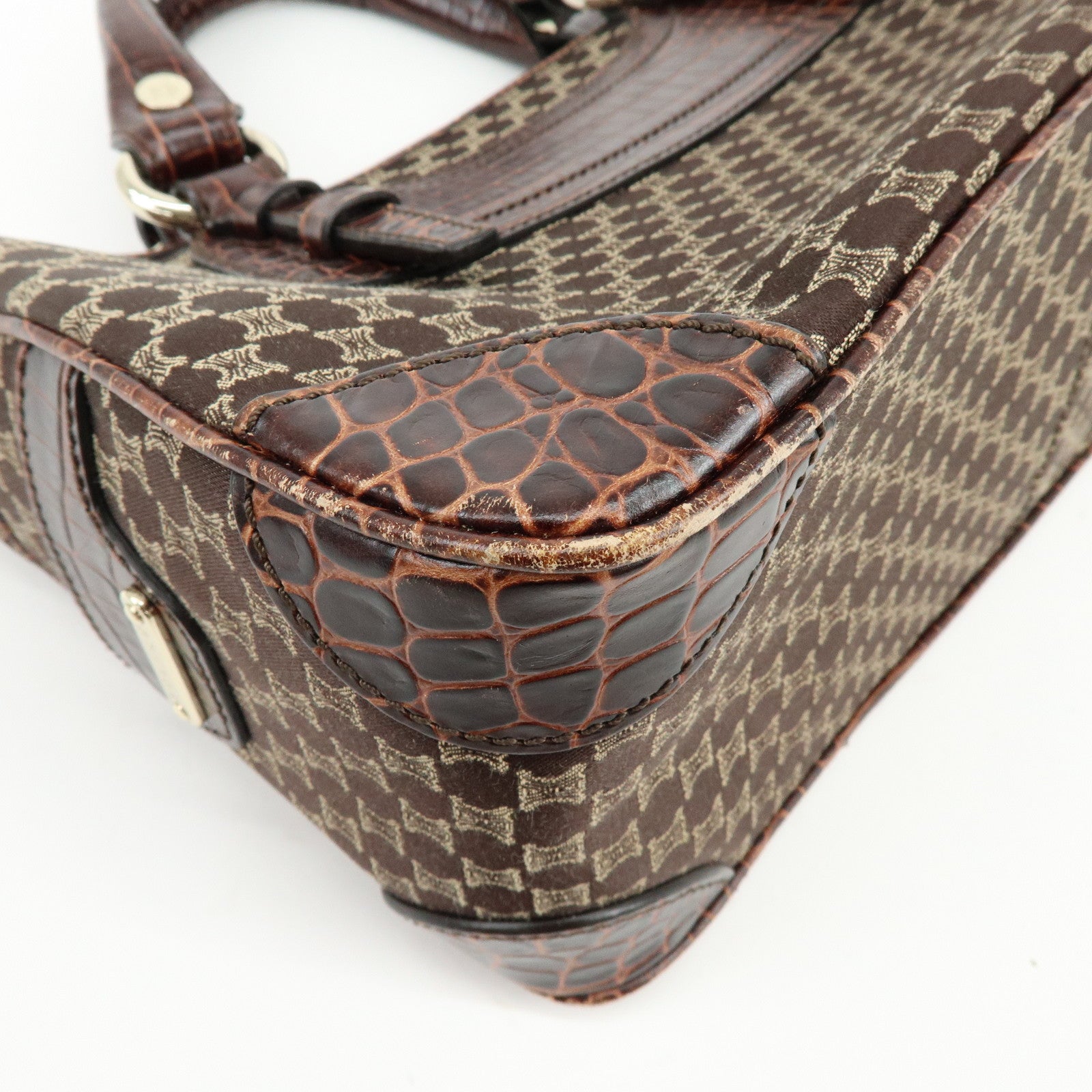 CELINE Macadam Boogie Bag Embossed Leather Canvas Hand Bag Brown