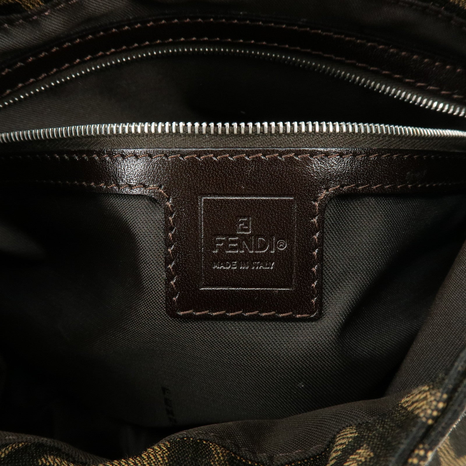 FENDI Mamma Baguette Zucca Canvas Leather Shoulder Bag Brown 26325
